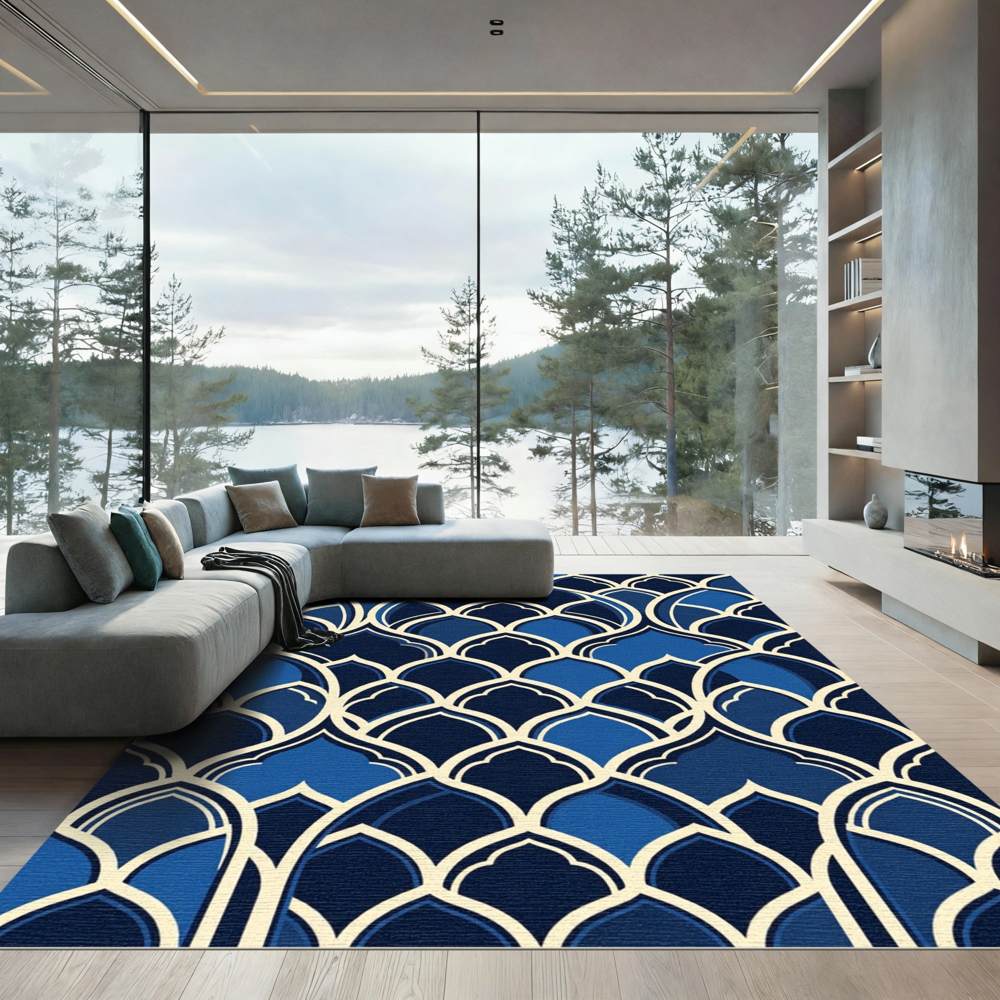 Midnight Blue Arched Decorative Tile Rug