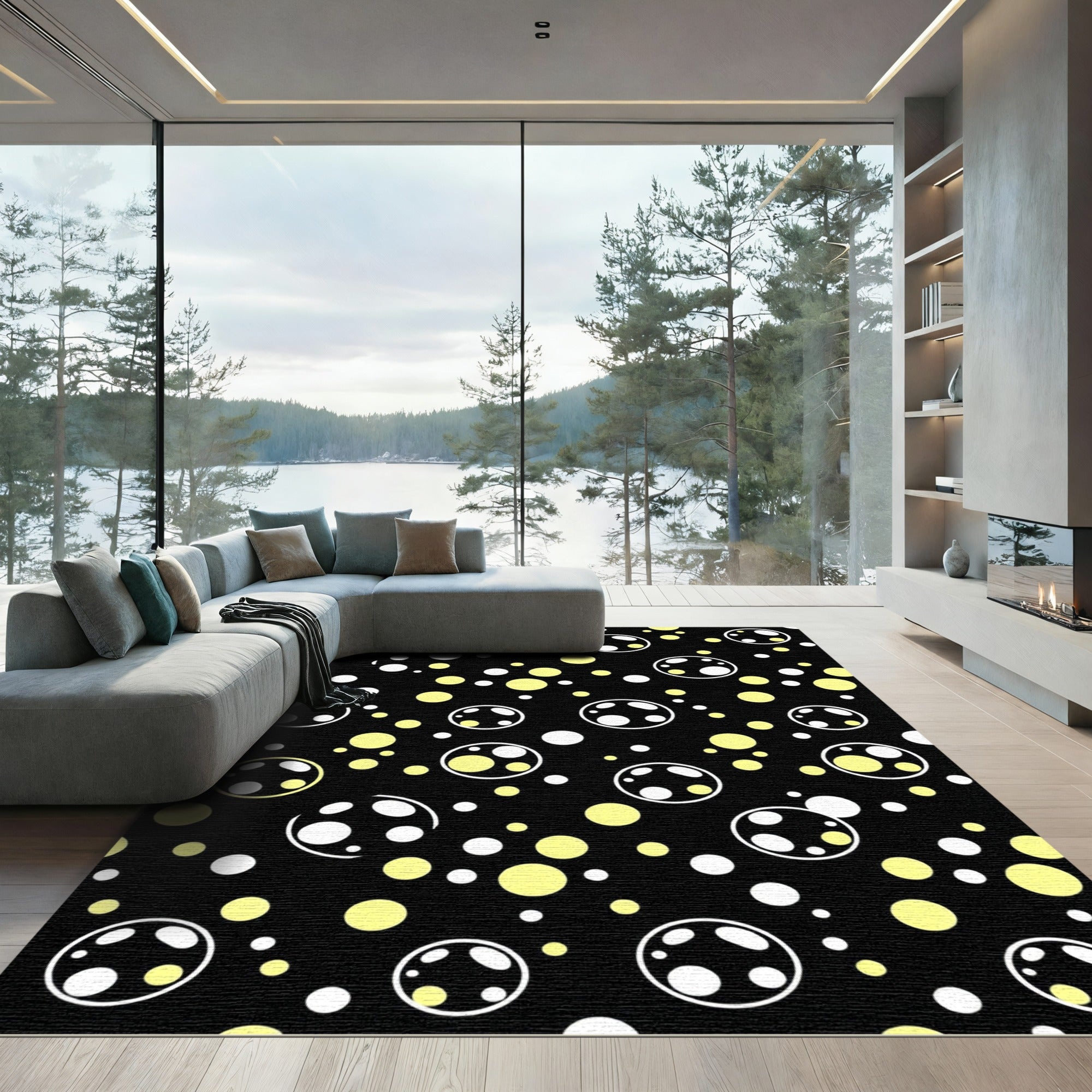 Whimsical Black Yellow Circle Spots Rug