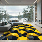 Bold Yellow Black Geometric Polyhedron Rug