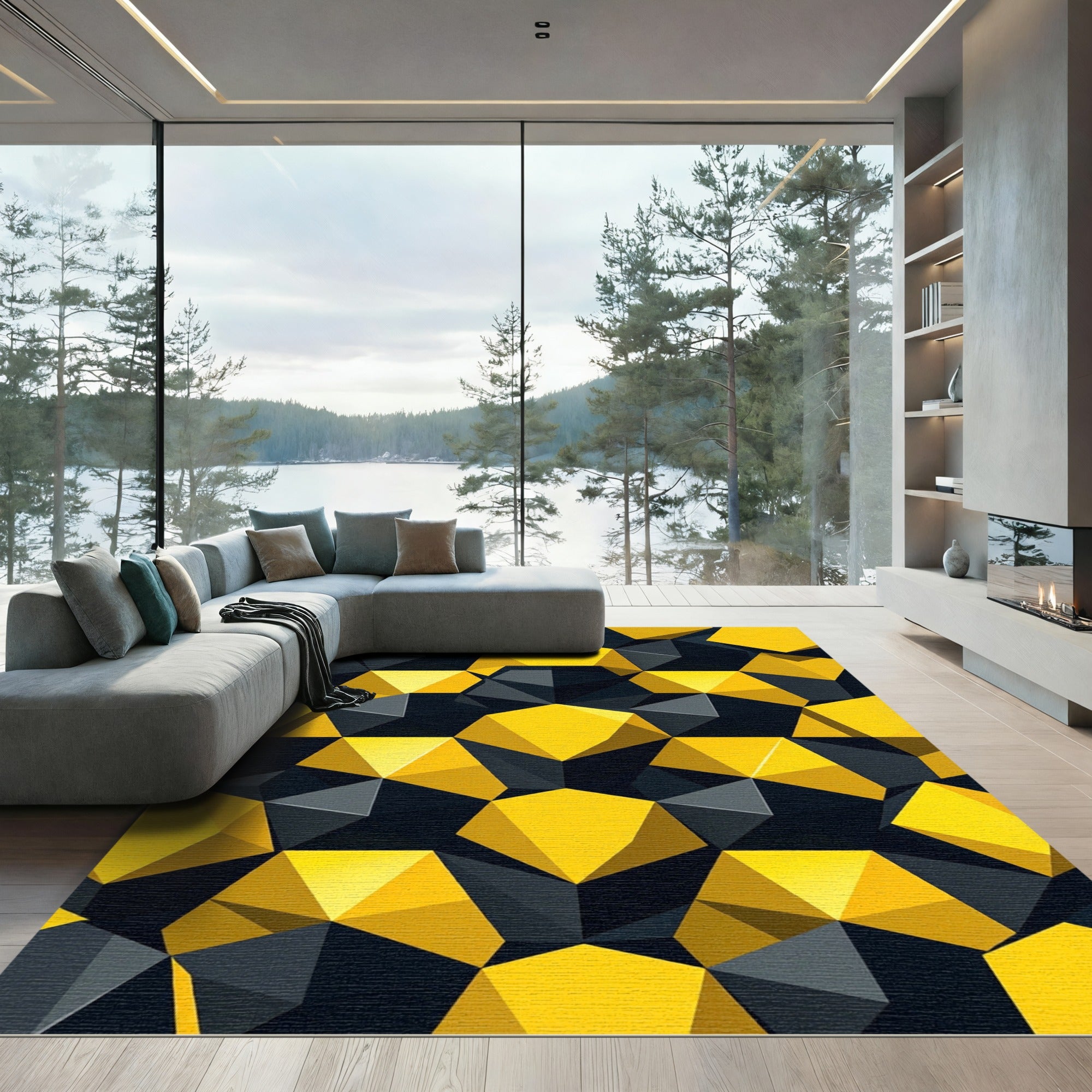 Bold Yellow Black Geometric Polyhedron Rug