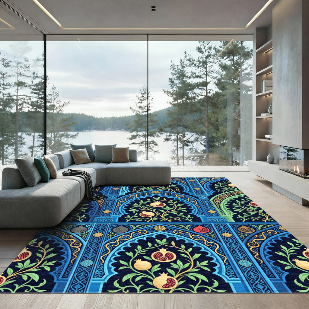 Deep Blue Pomegranate Archway Floral Rug
