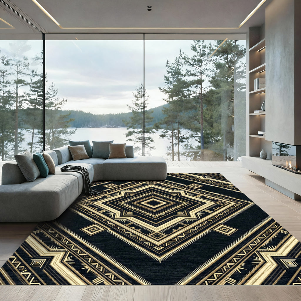 Ornate Geometric Gold Black Rug