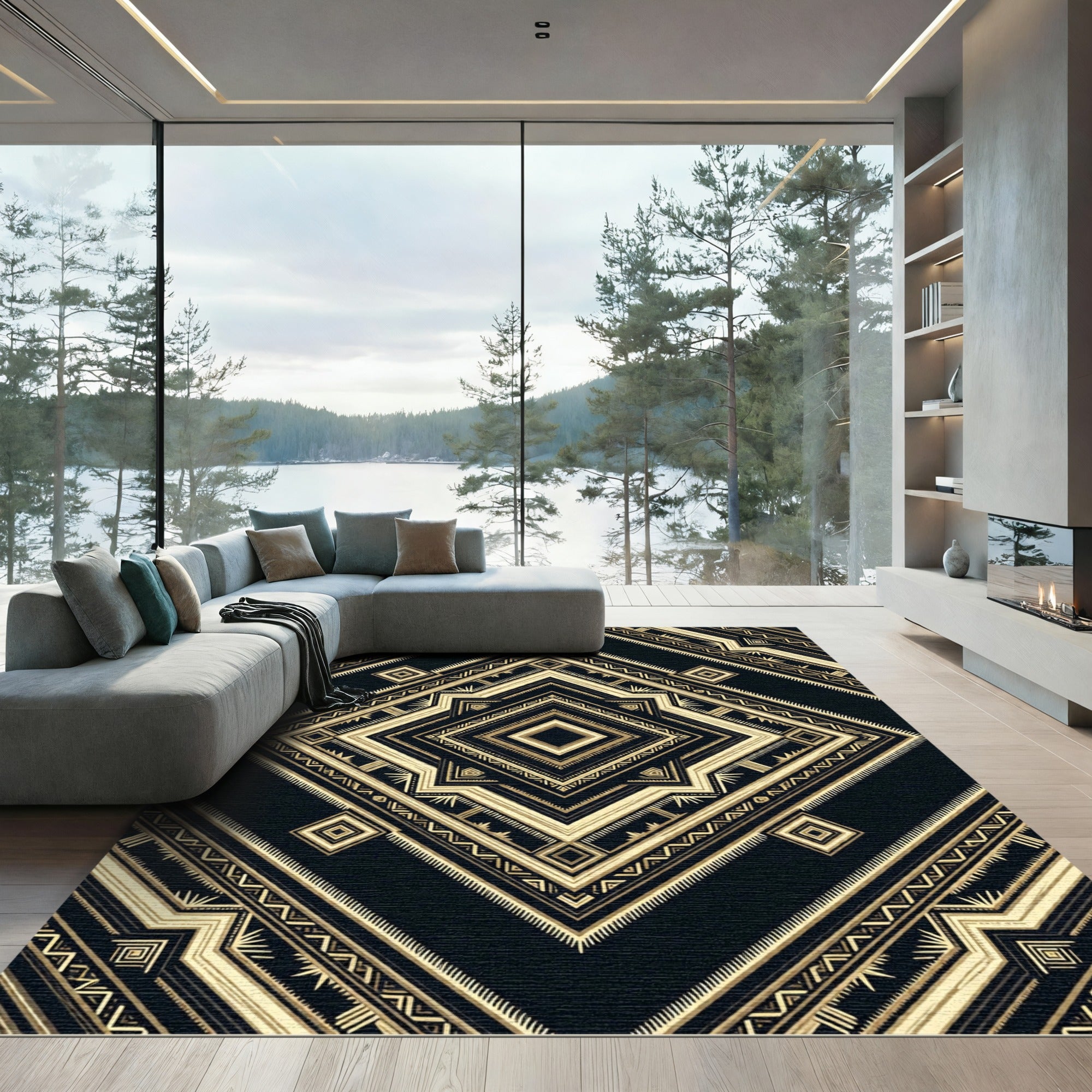 Ornate Geometric Gold Black Rug