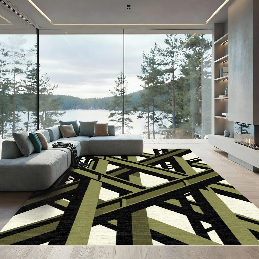 Olive Geometric Steel Industrial Beam Rug