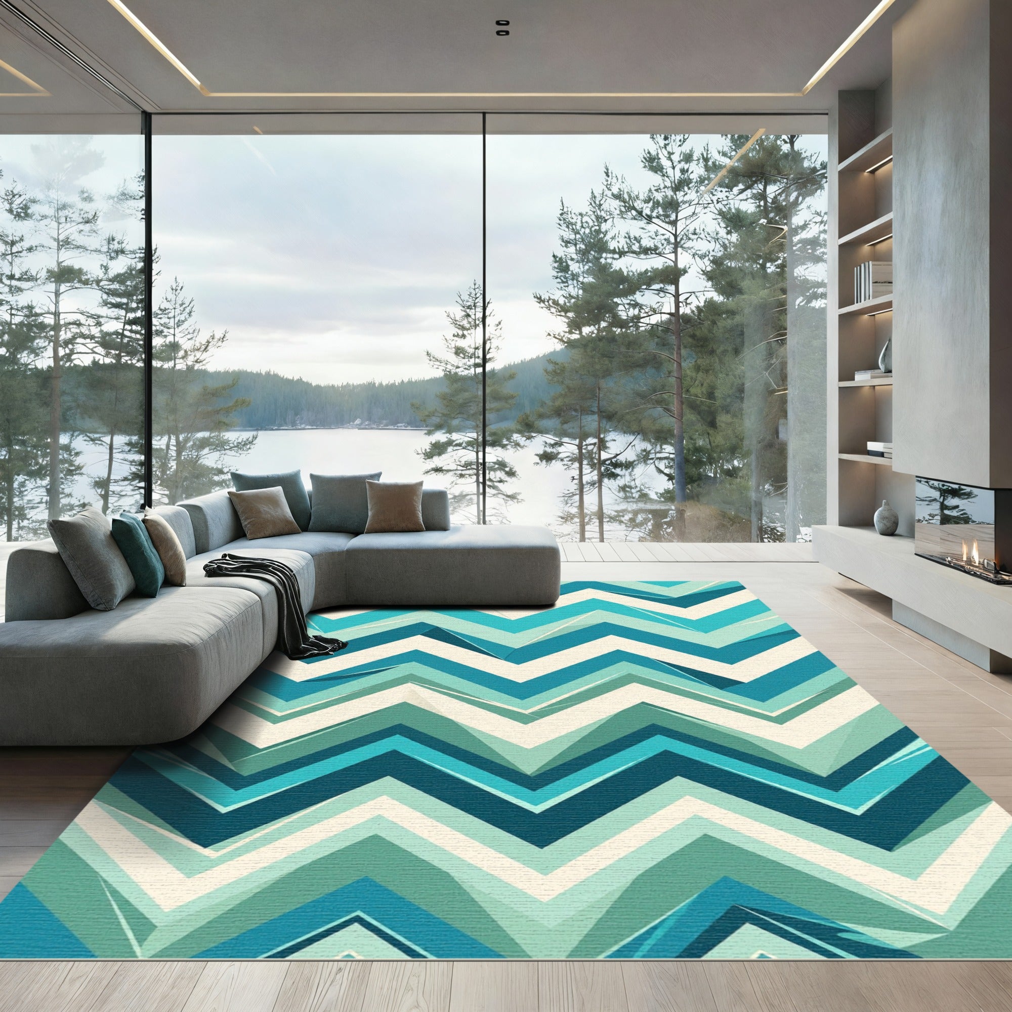 Modern Teal Chevron Geometric Area Rug