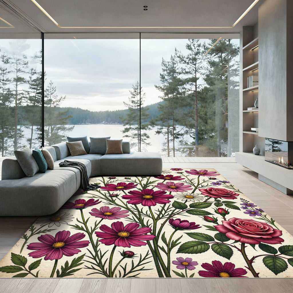 Vintage Pink Cosmos and Rose Meadow Rug