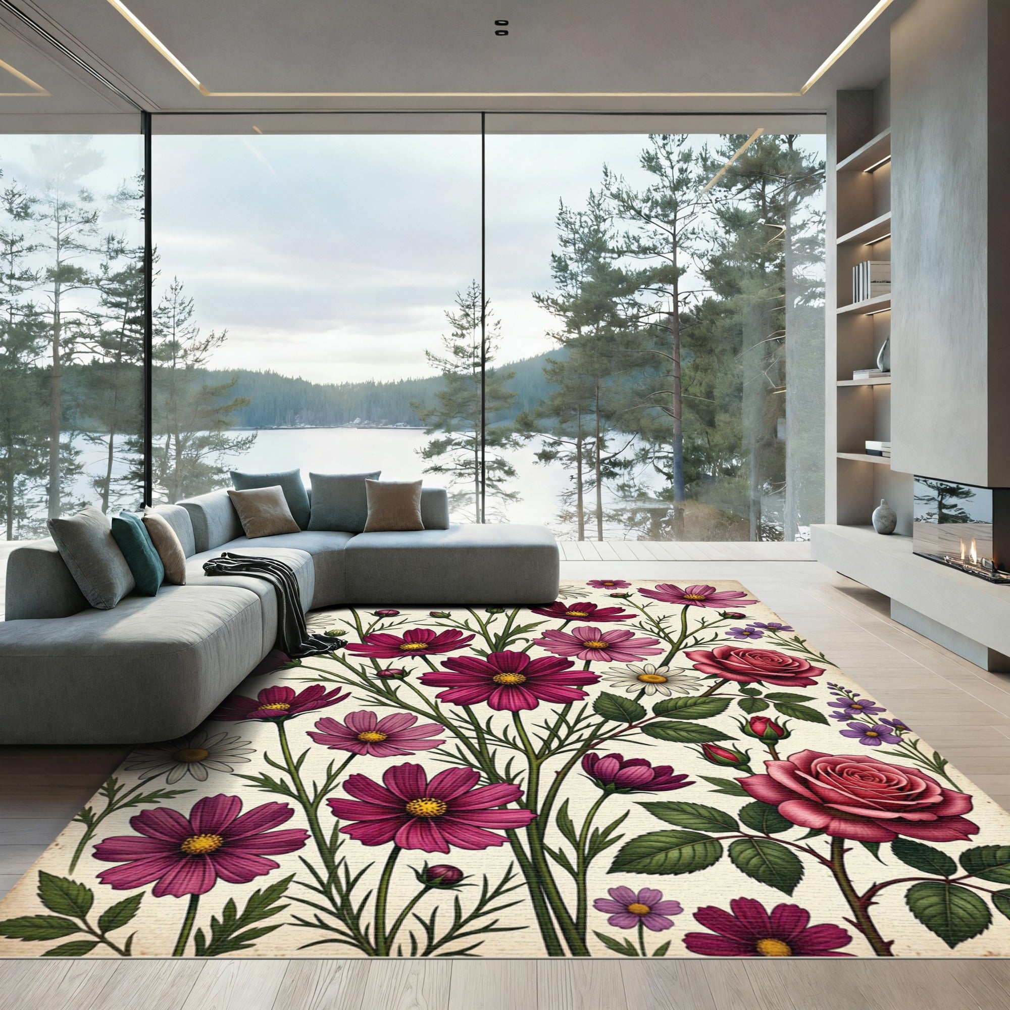 Vintage Pink Cosmos and Rose Meadow Rug