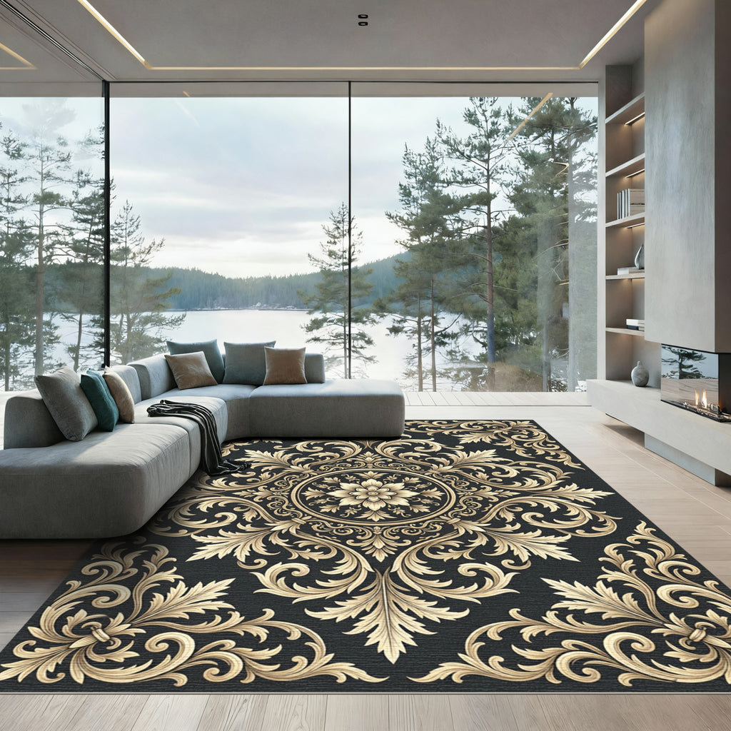 Elegant Gold Floral Baroque Medallion Rug