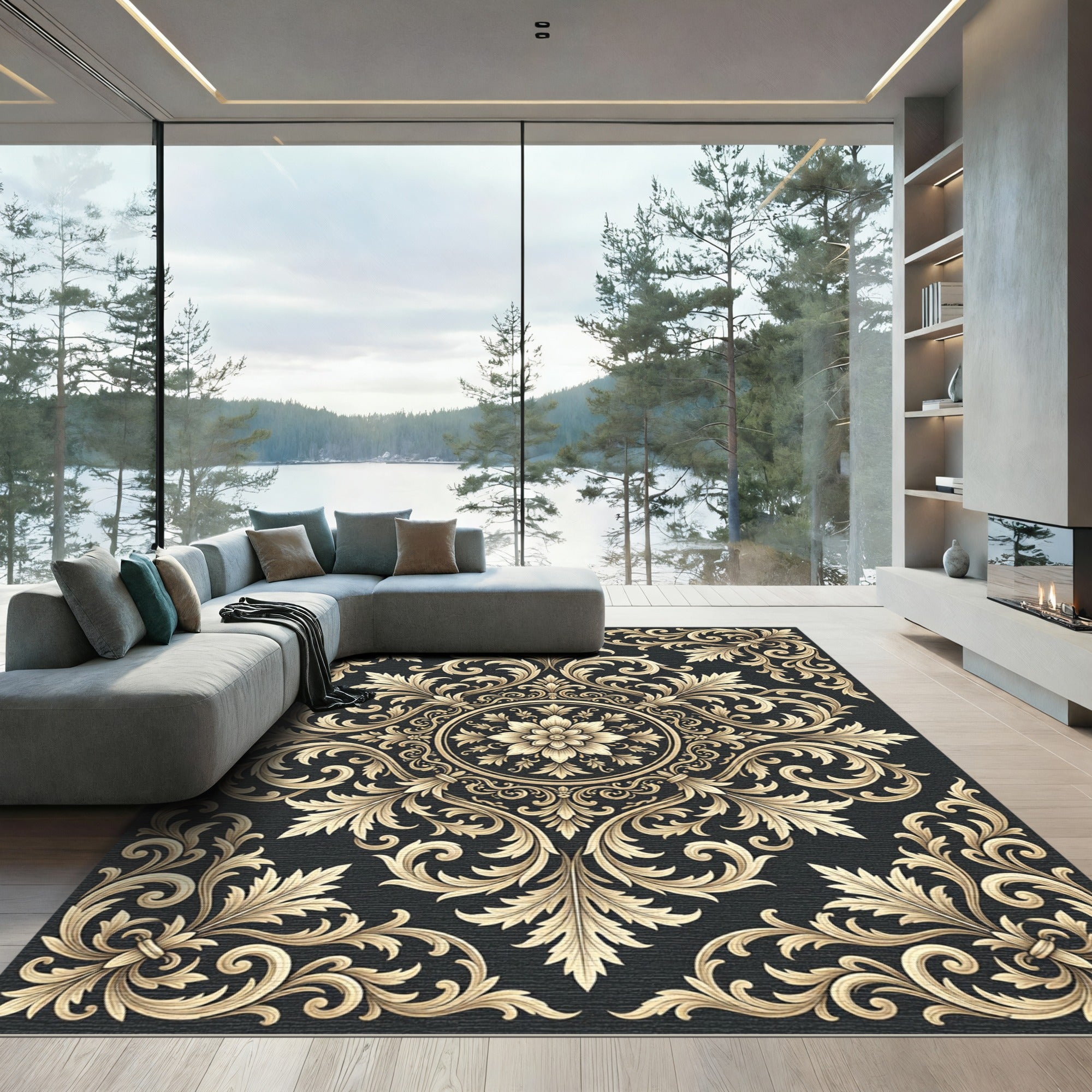 Elegant Gold Floral Baroque Medallion Rug