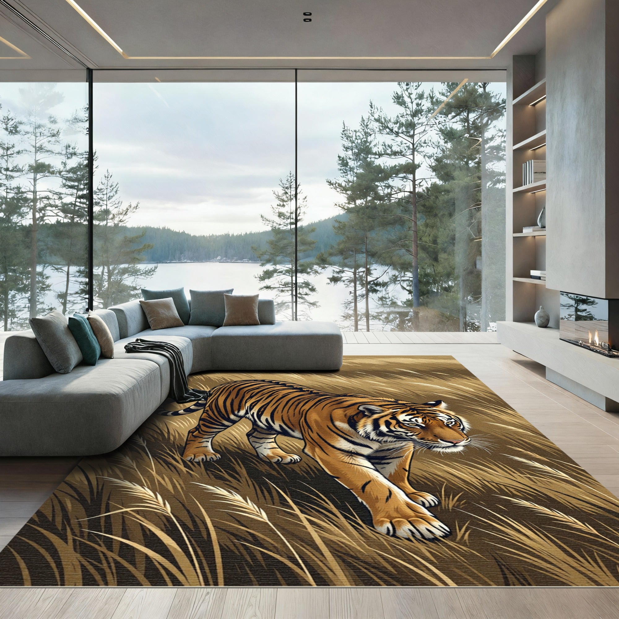 Golden Tiger Amidst Tall Grasses Rug