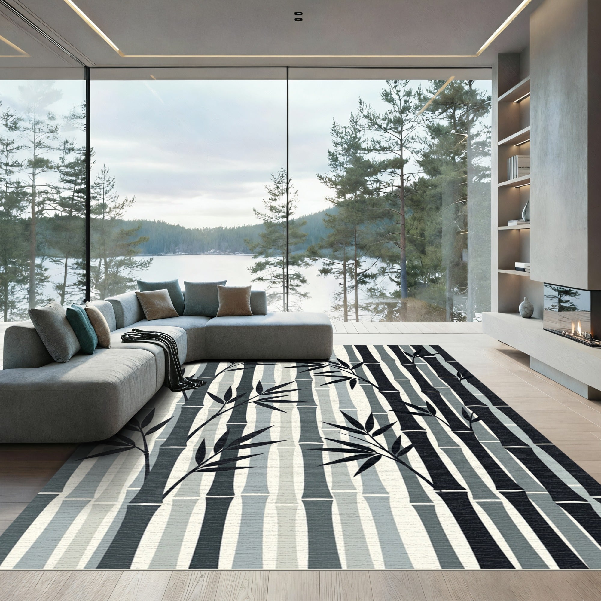 Monochromatic Bamboo Silhouette Stalks Rug