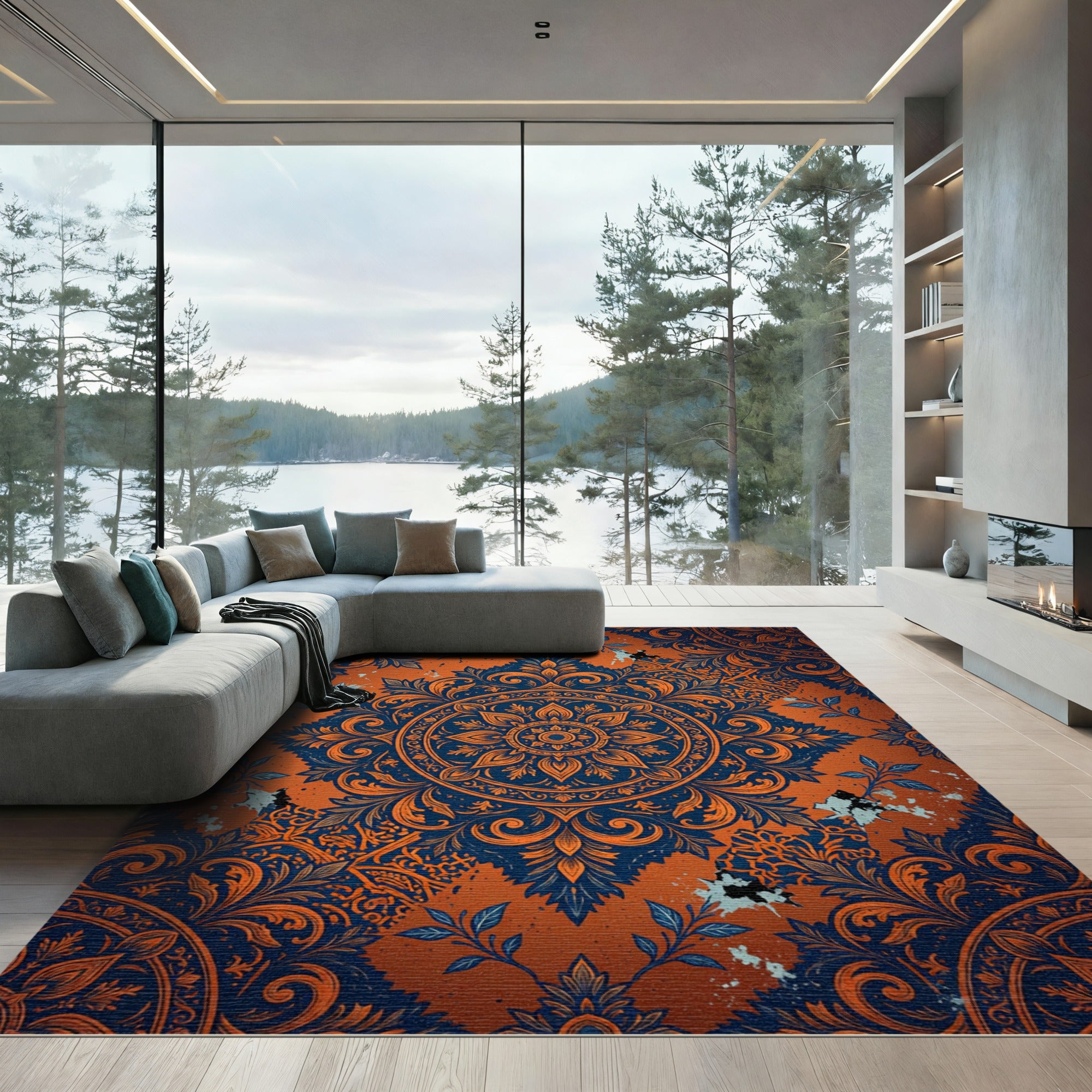 Orange Blue Floral Medallion Rug