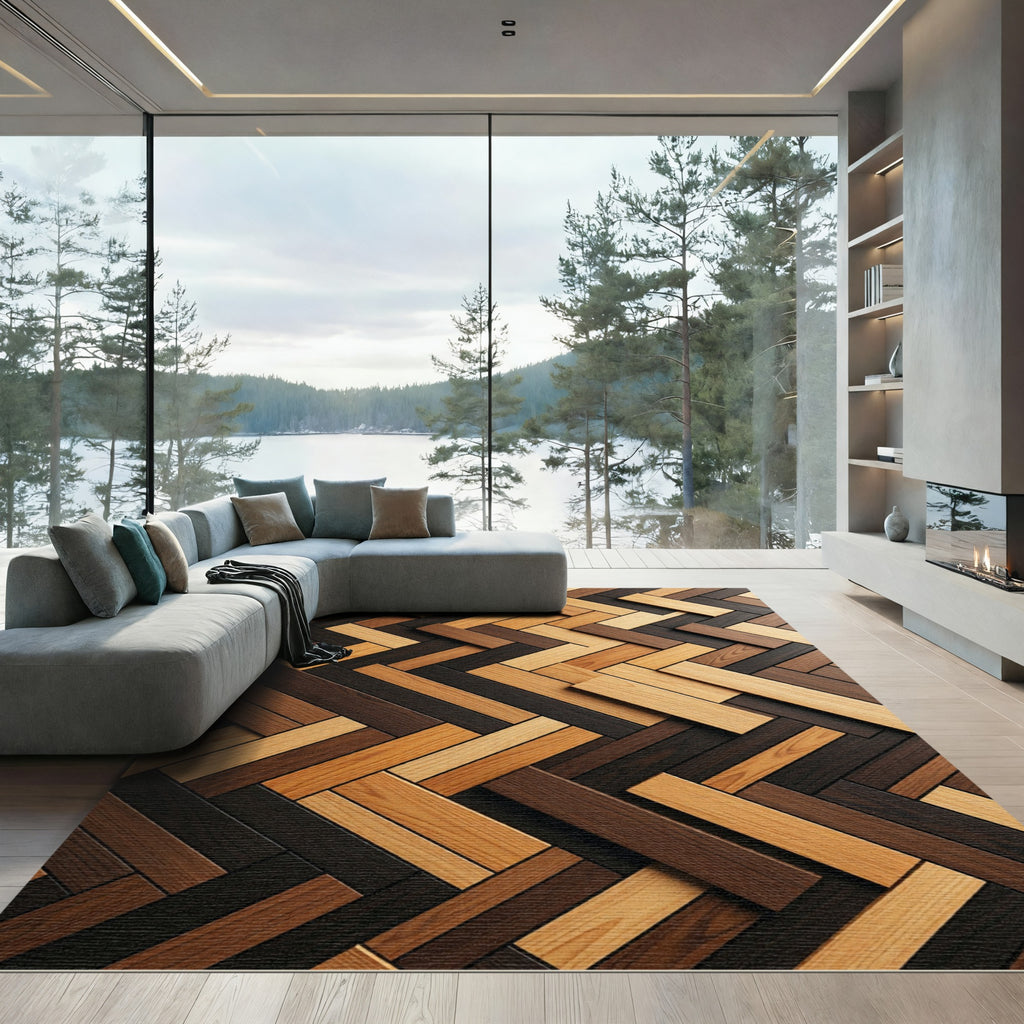Wood Plank Herringbone Pattern Rug