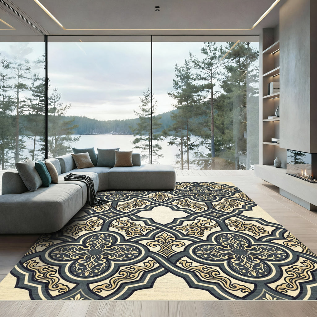 Ornate Teal Gold Clover Lattice Rug