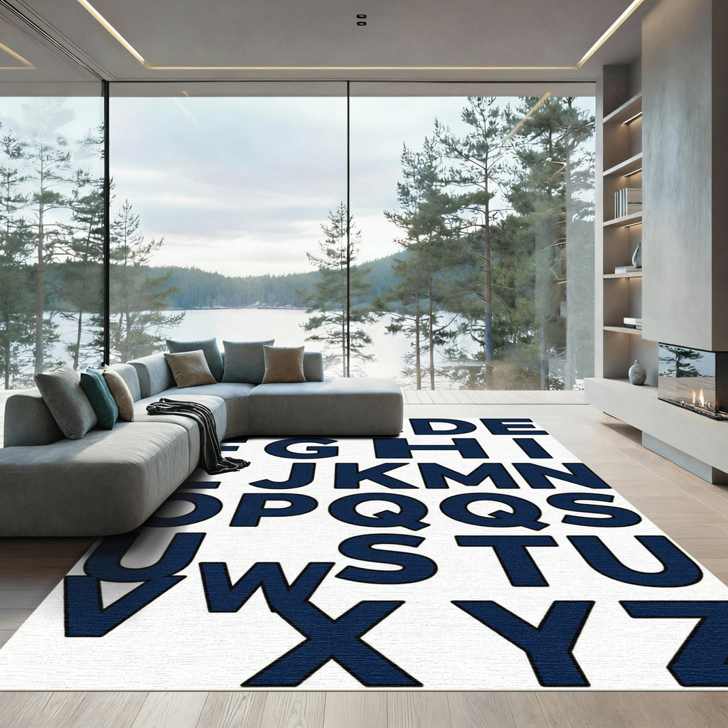 Navy Blue Alphabet Typography Letter Rug
