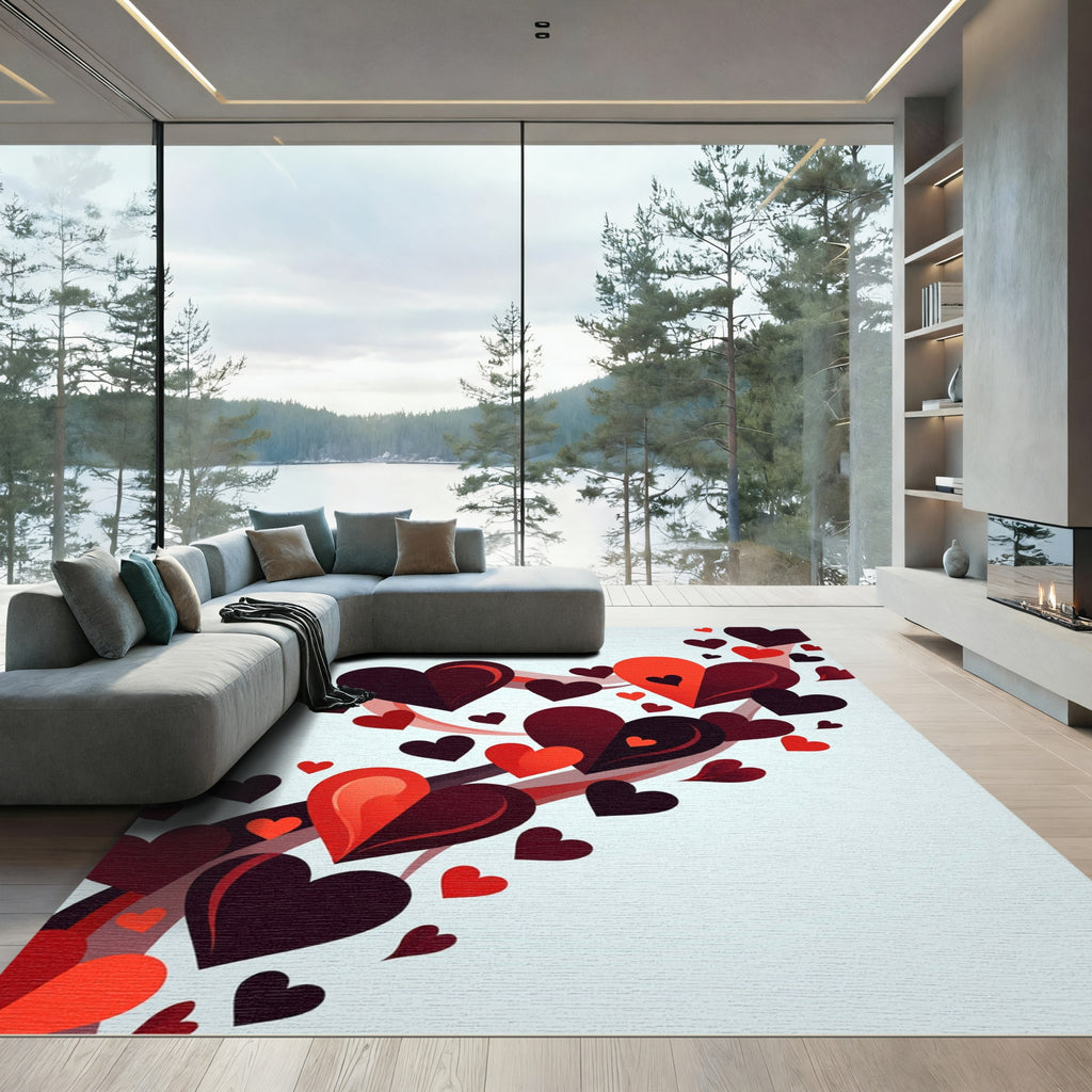 Romantic Floating Heart Crimson Swirl Rug