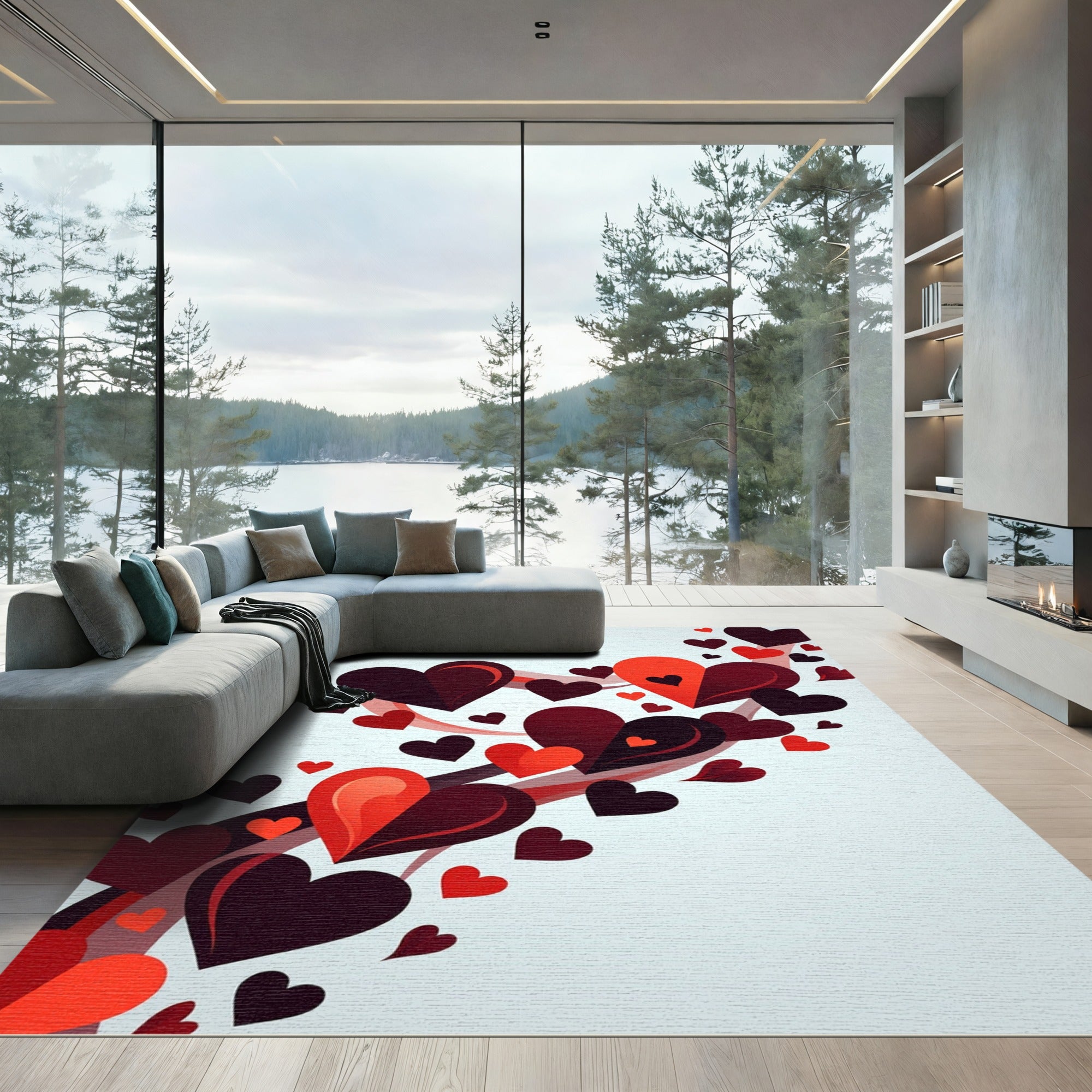 Romantic Floating Heart Crimson Swirl Rug