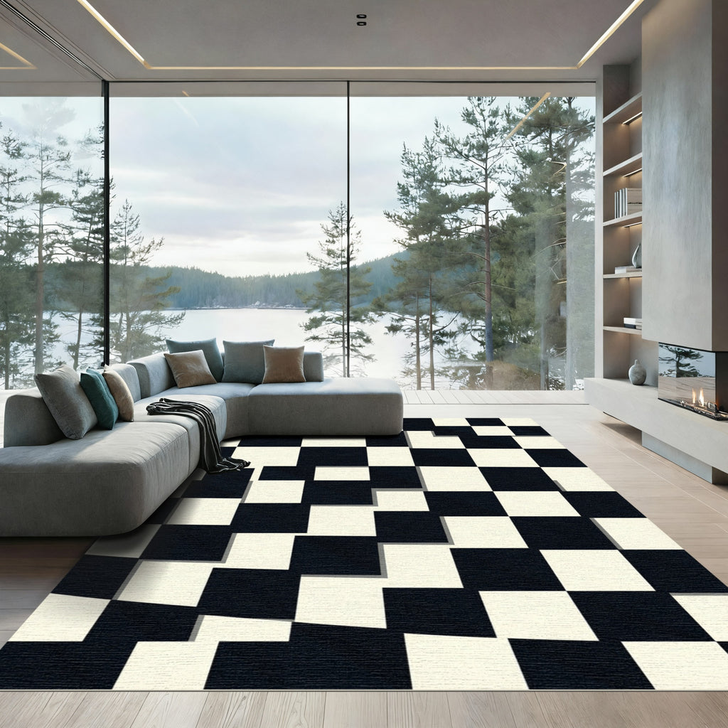 Monochrome Geometric Checkerboard Grid Rug