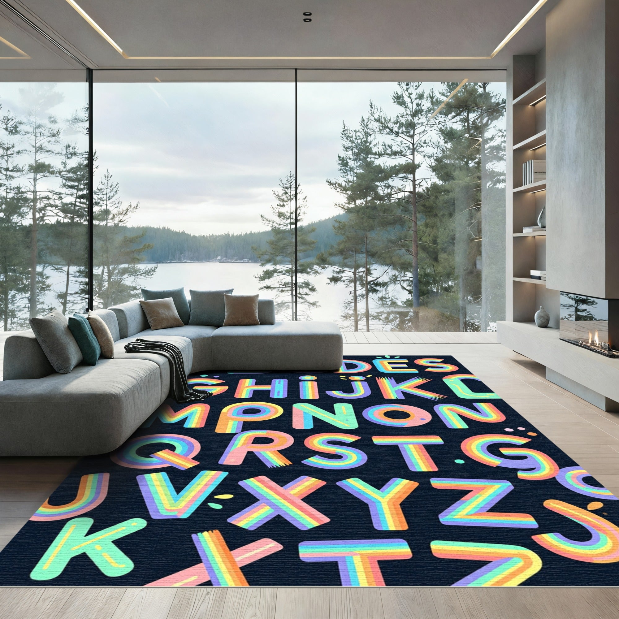 Vibrant Retro Rainbow Alphabet Typography Rug