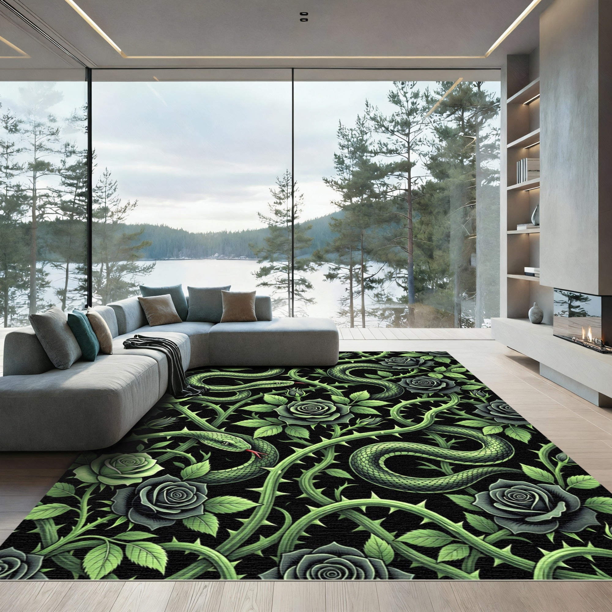 Dark Serpent and Rose Botanical Tapestry Rug