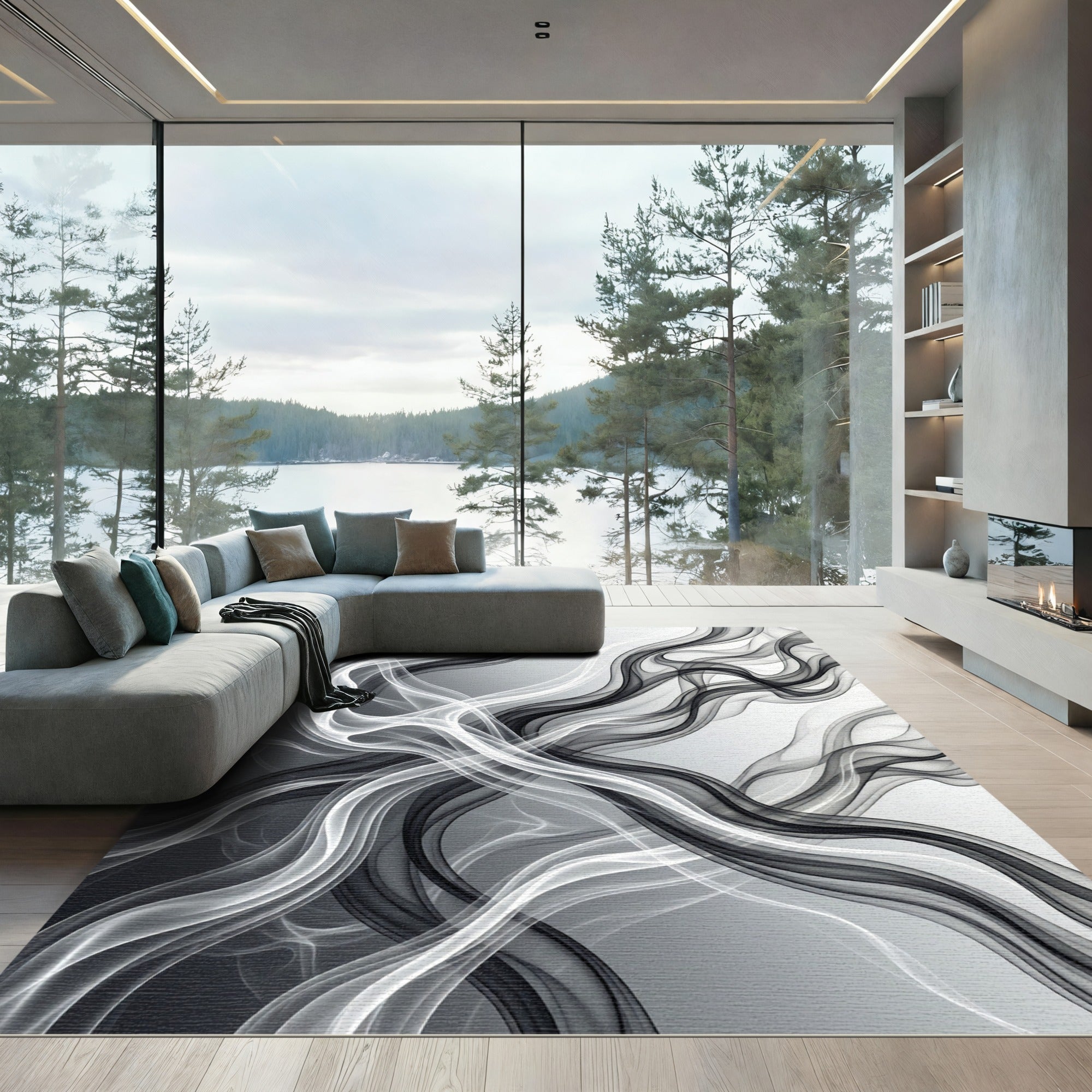 Monochrome Flowing Abstract Smoke Swirl Rug