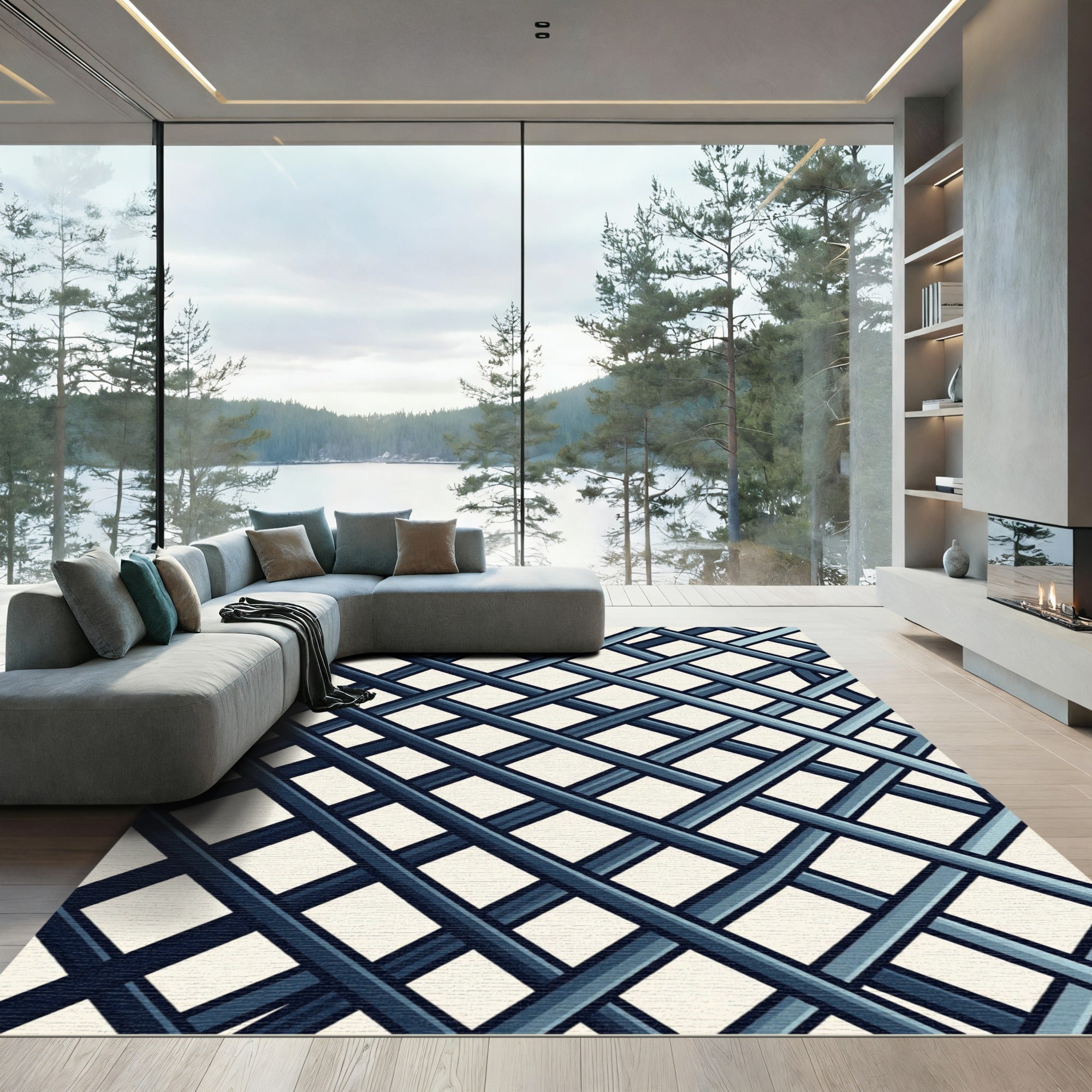 Sophisticated Slate Blue Intersecting Grid Rug