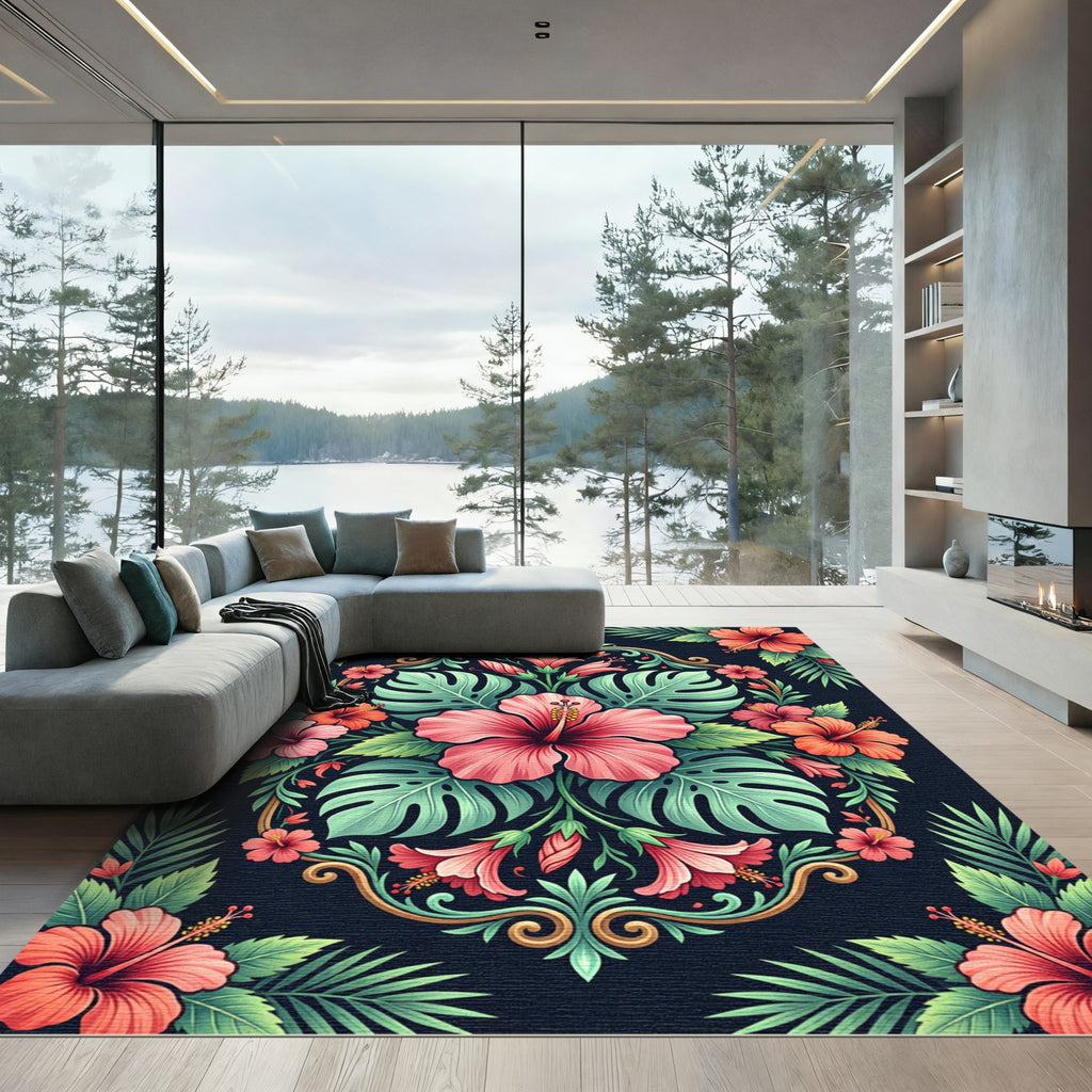Vibrant Tropical Hibiscus Botanical Medallion Rug