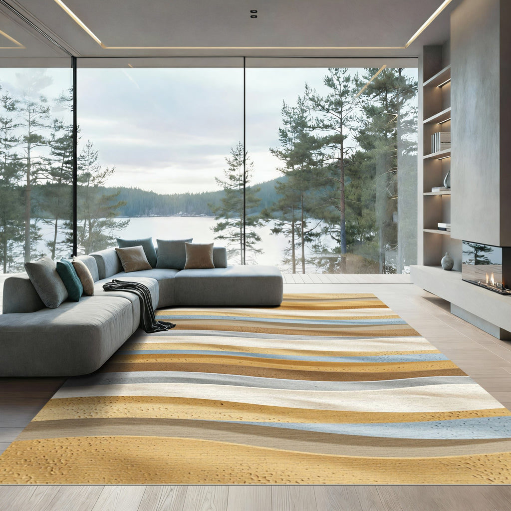 Earthy Sand Tone Abstract Wave Rug