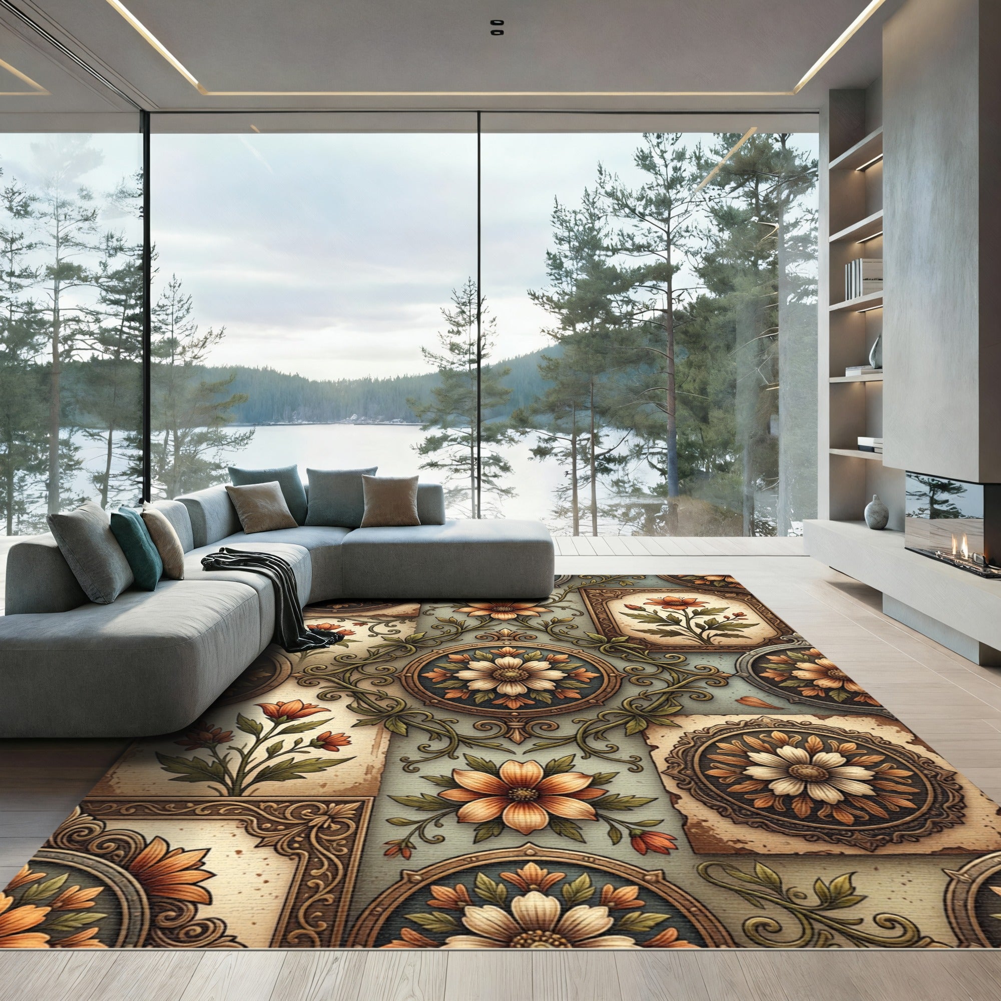 Vintage Floral Medallion Earthy Botanical Rug