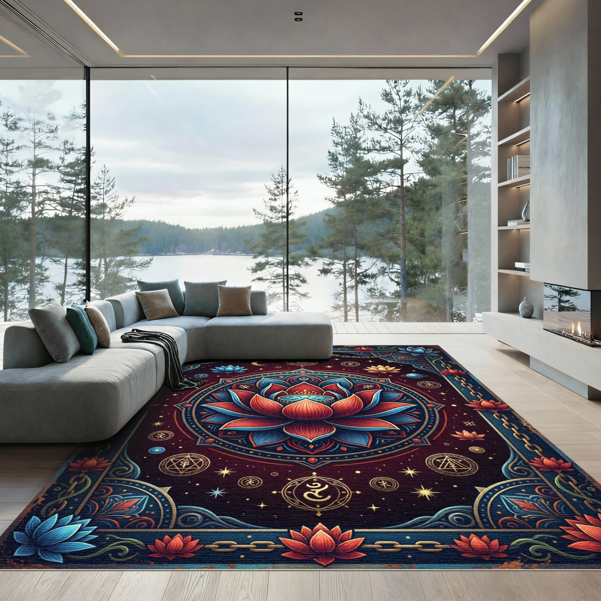 Crimson Blue Lotus Celestial Mandala Rug
