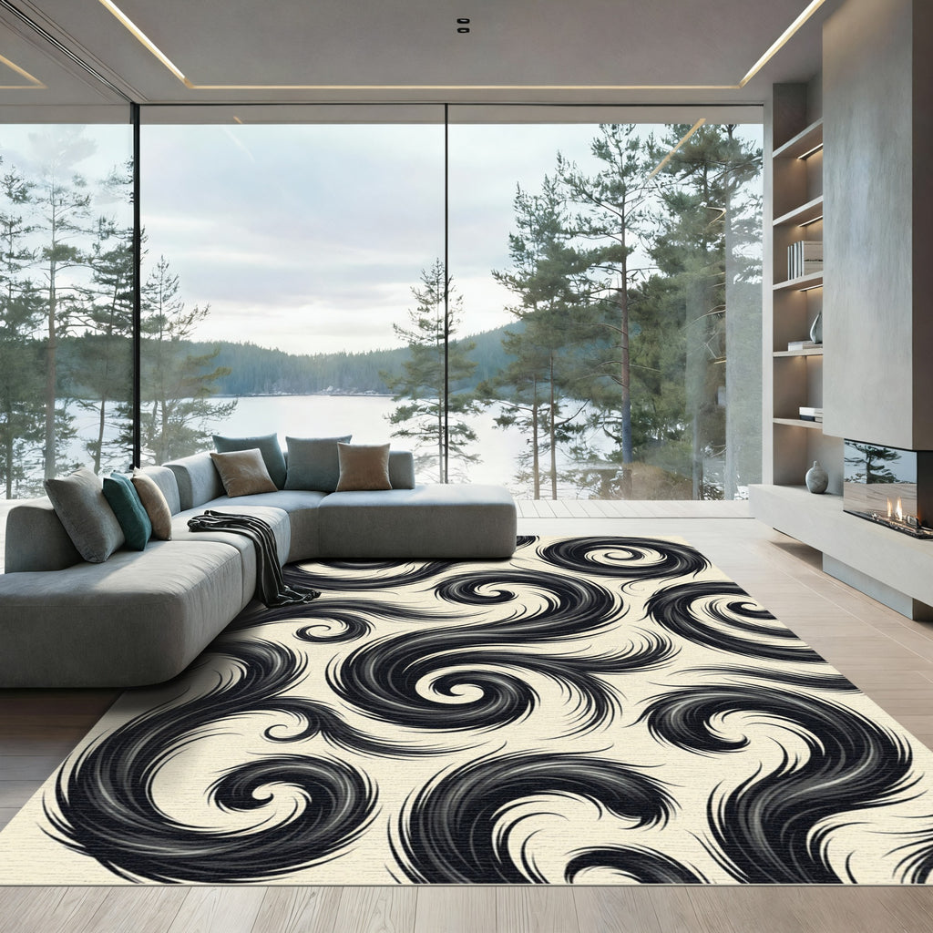 Monochrome Swirling Ink Flow Abstract Rug