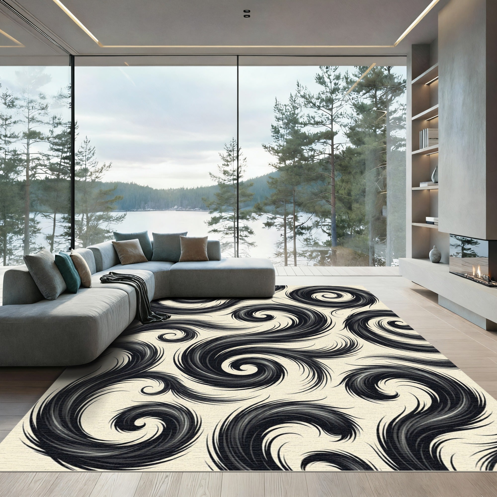 Monochrome Swirling Ink Flow Abstract Rug