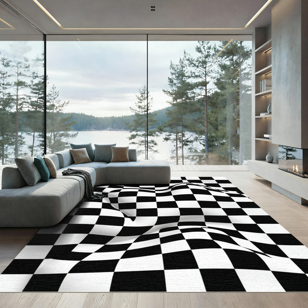 Modern Monochrome Warped Checkered Illusion Rug