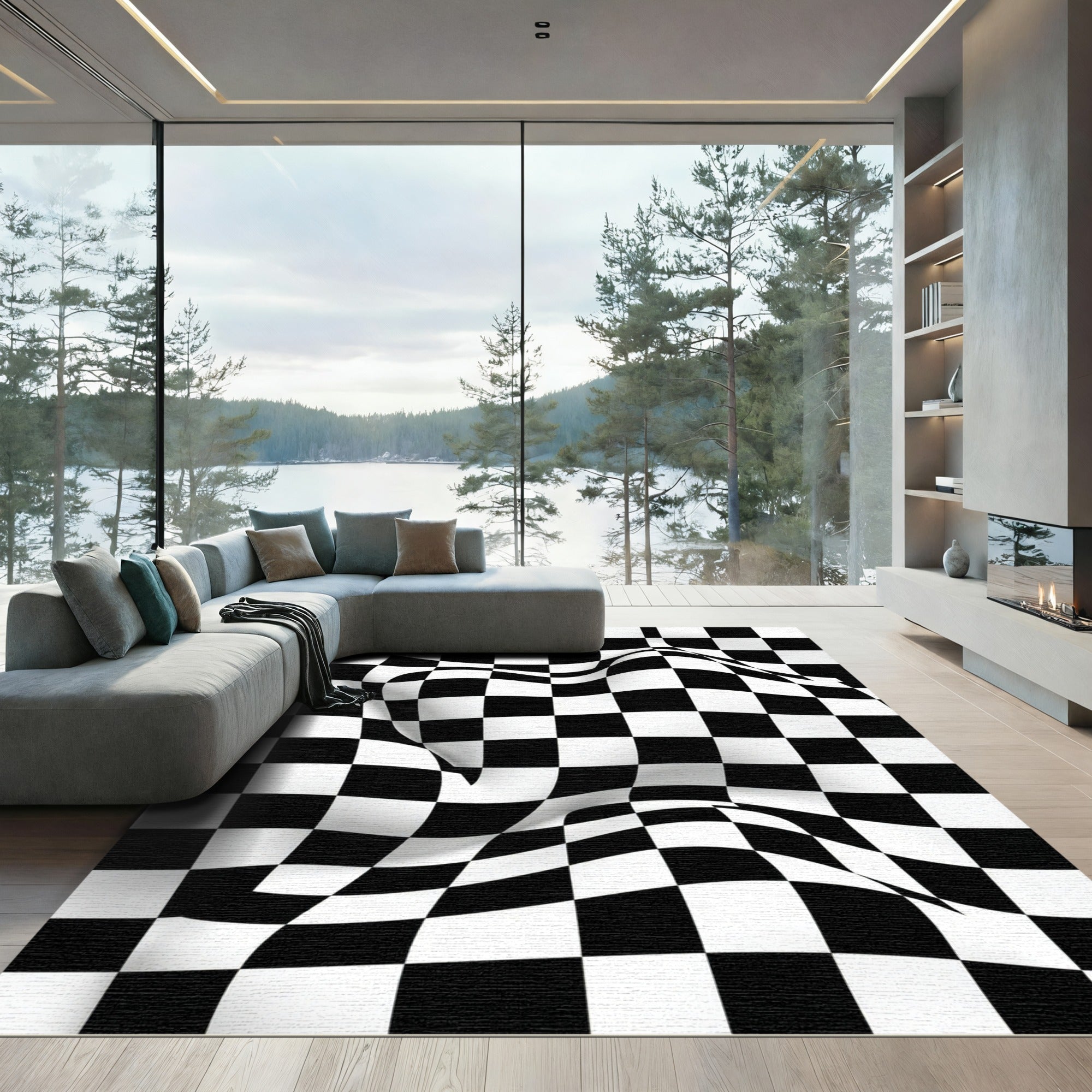 Modern Monochrome Warped Checkered Illusion Rug