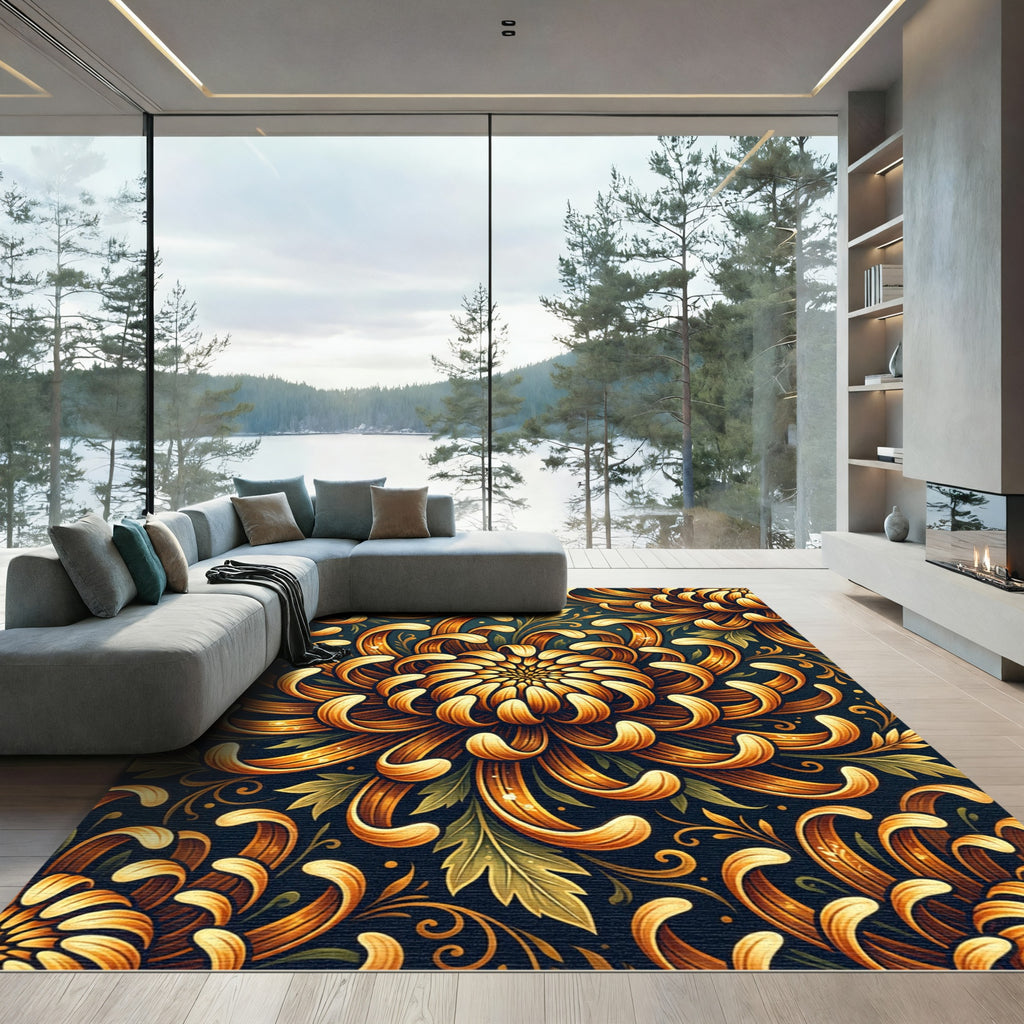 Golden Blooming Chrysanthemum Dark Floral Rug