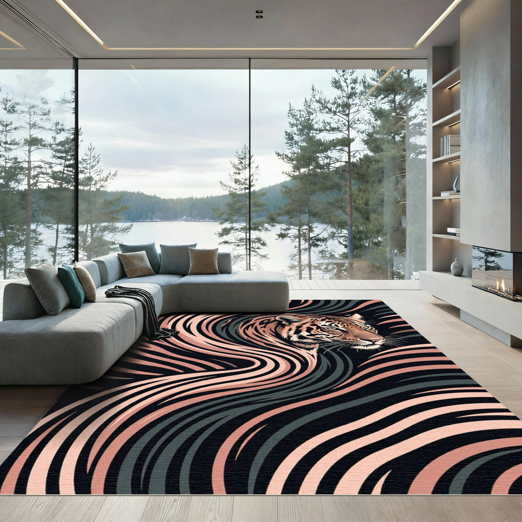 Modern Tiger Portrait with Flowing Lines Rug