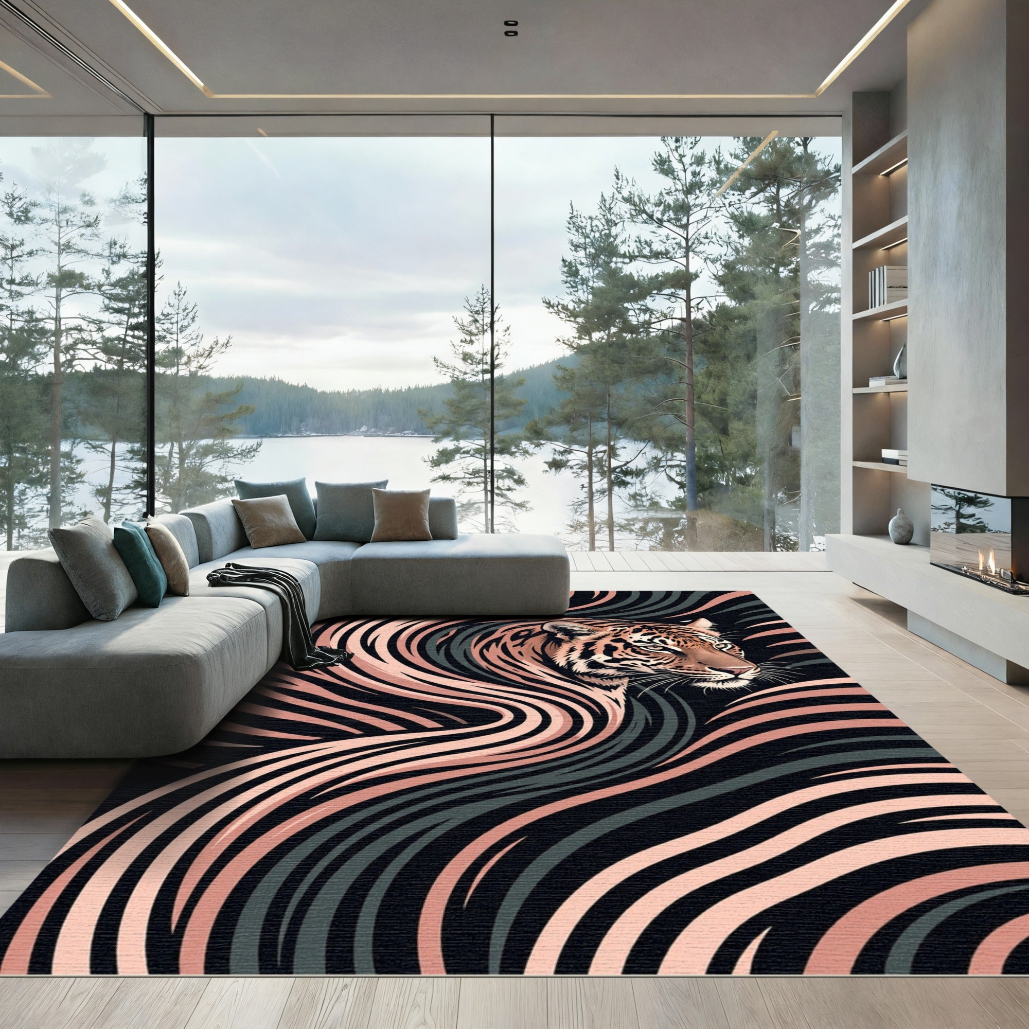Modern Tiger Portrait with Flowing Lines Rug