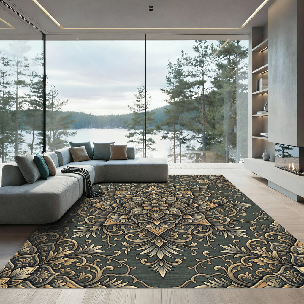 Elegant Sage Gold Ornate Floral Medallion Rug