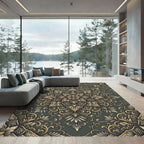 Elegant Sage Gold Ornate Floral Medallion Rug