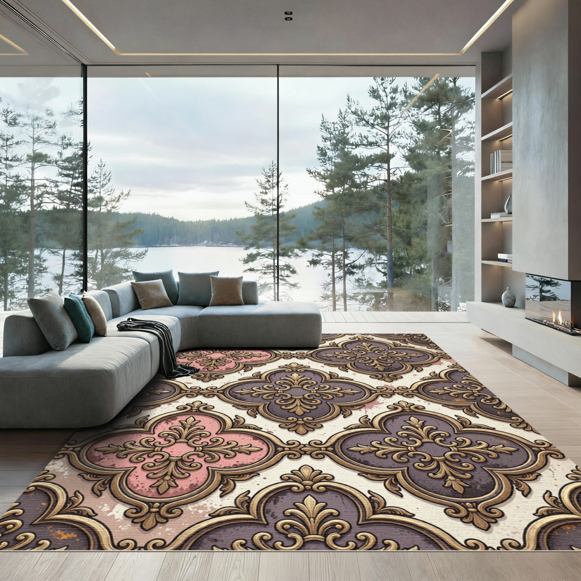 Gilded Pink Plum Quatrefoil Flourish Rug