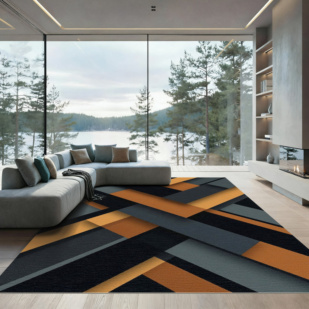 Geometric Amber and Charcoal Abstract Layers Rug