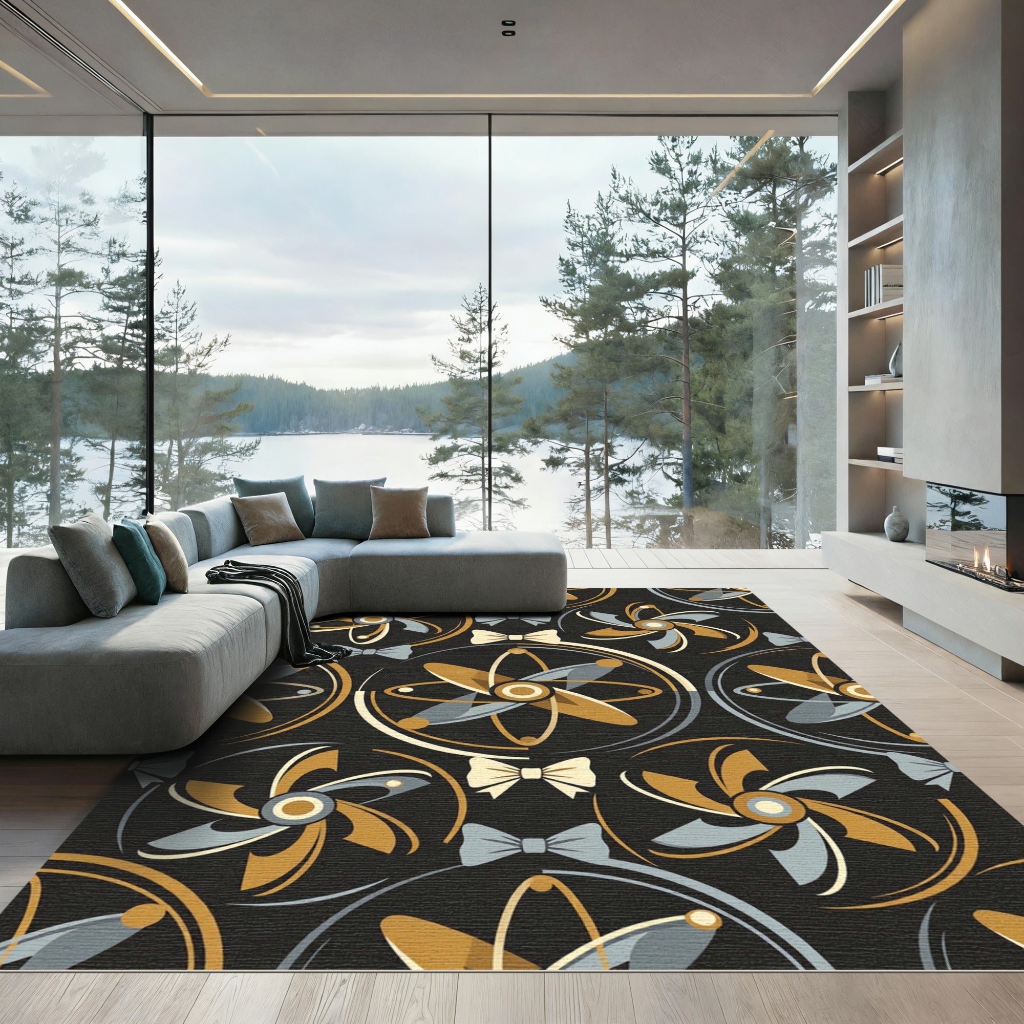 Midcentury Atomic Gold and Slate Bowtie Rug