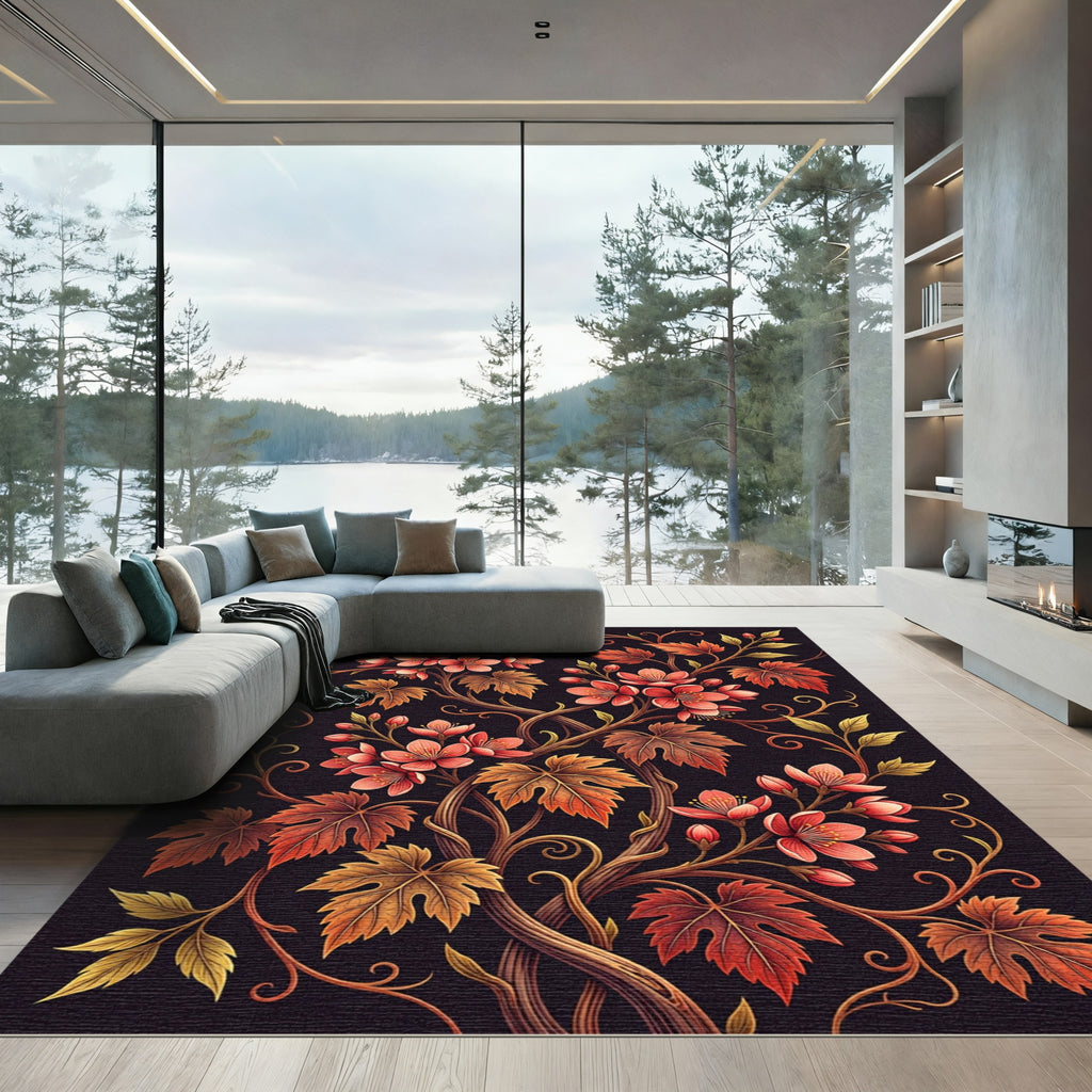 Autumn Blossom Floral Vine Noir Rug