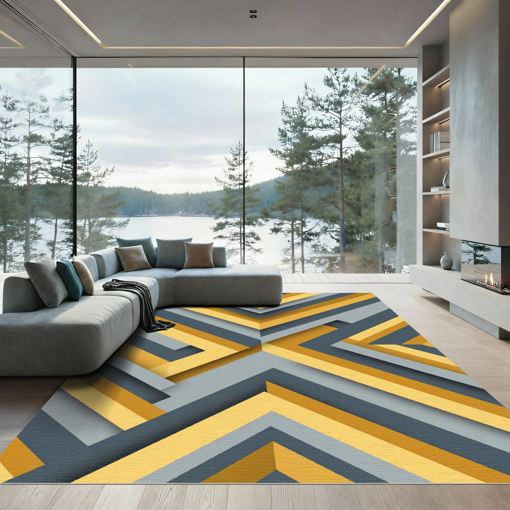 Modern Gray and Gold Geometric Chevron Rug