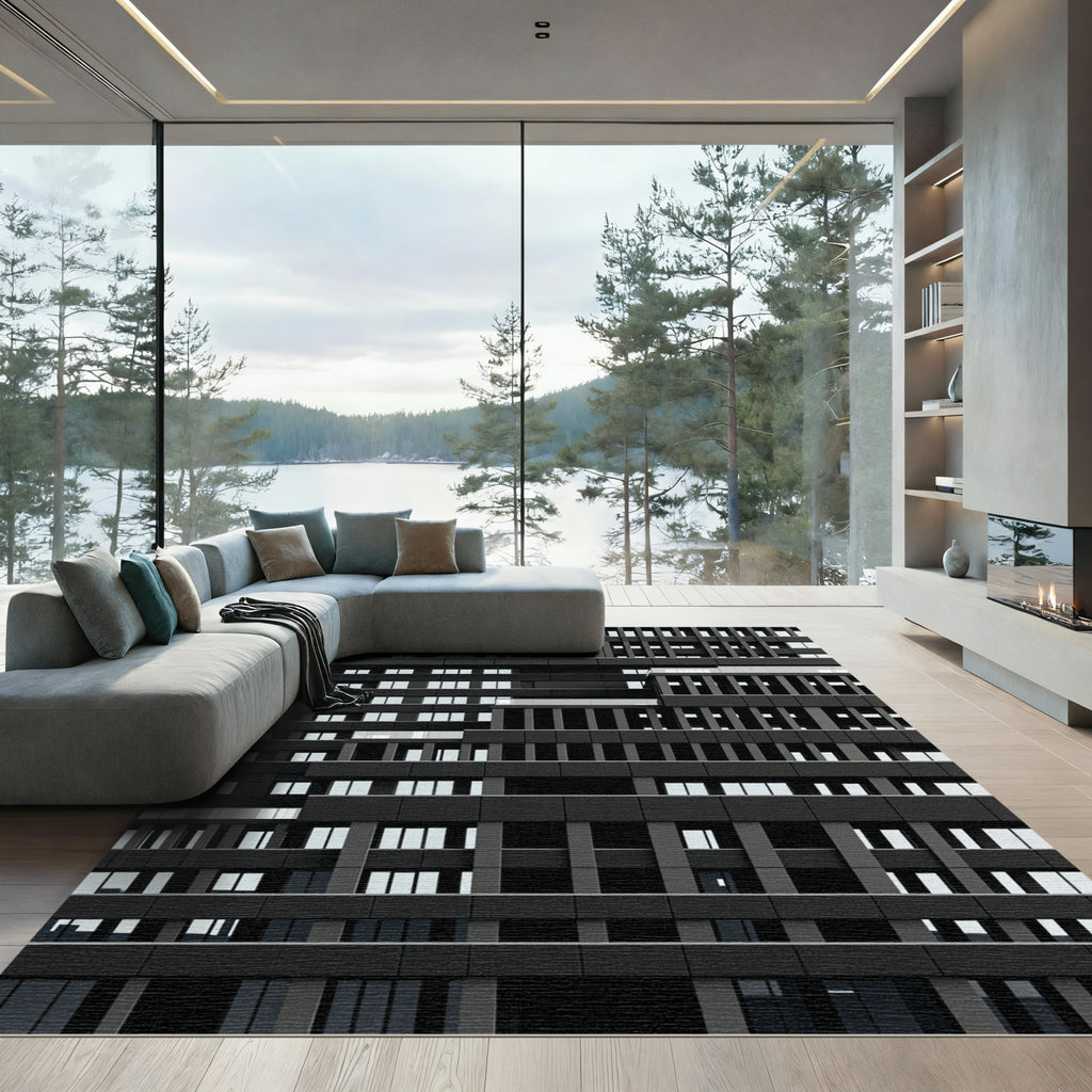 Monochromatic Dark Architectural Grid Structure Rug