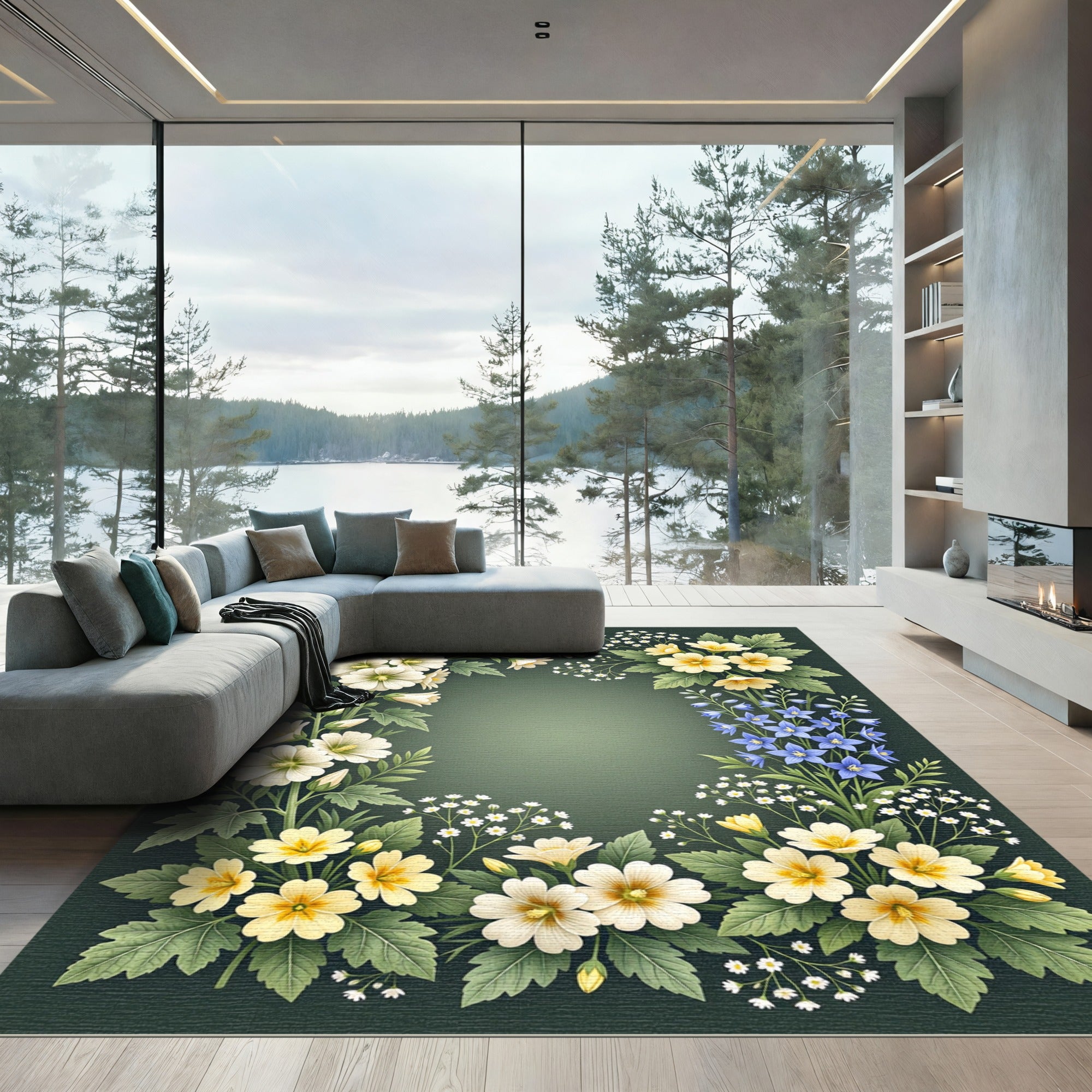 Botanical Meadow Wildflower Cream Green Rug