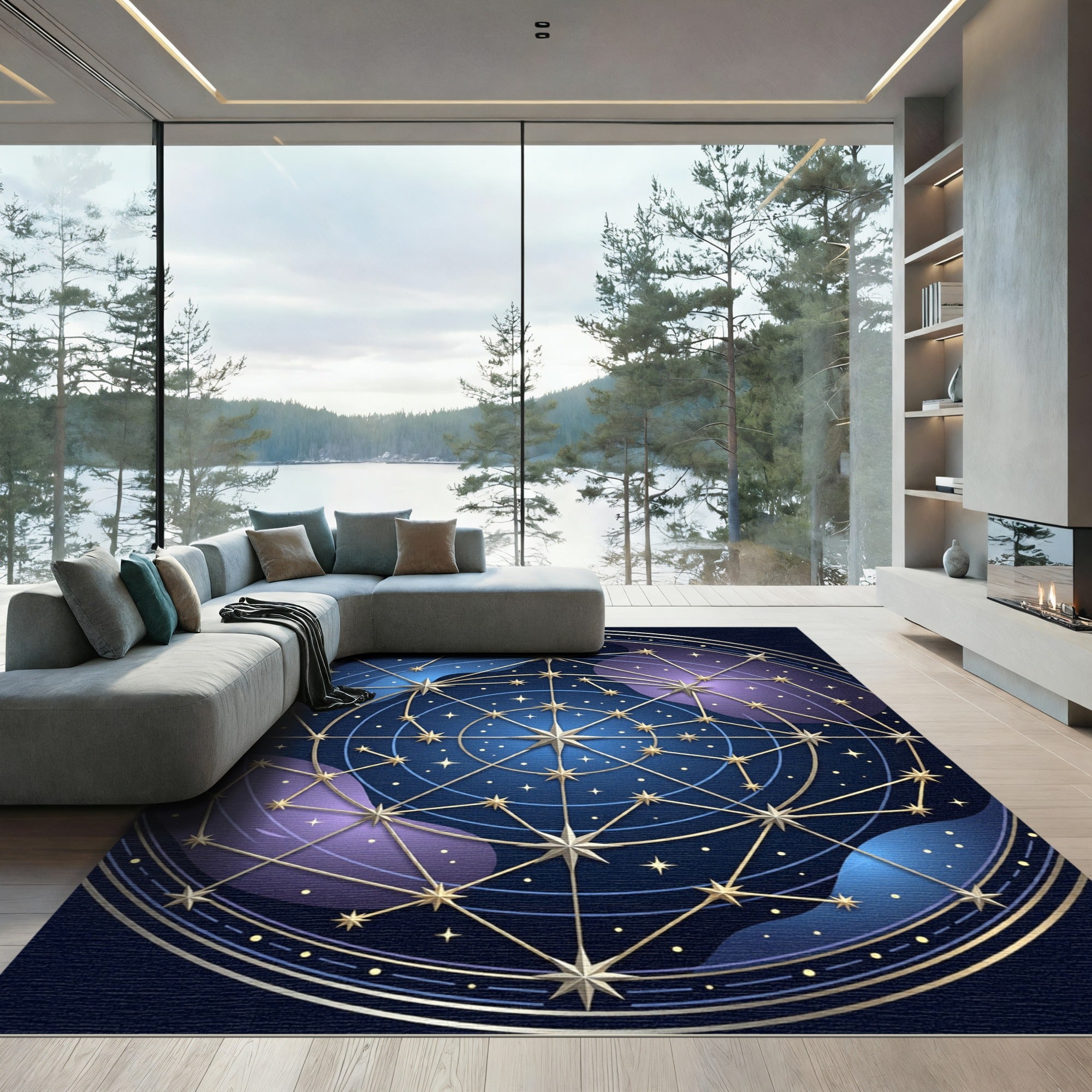 Celestial Gold Starry Constellation Midnight Circle Rug