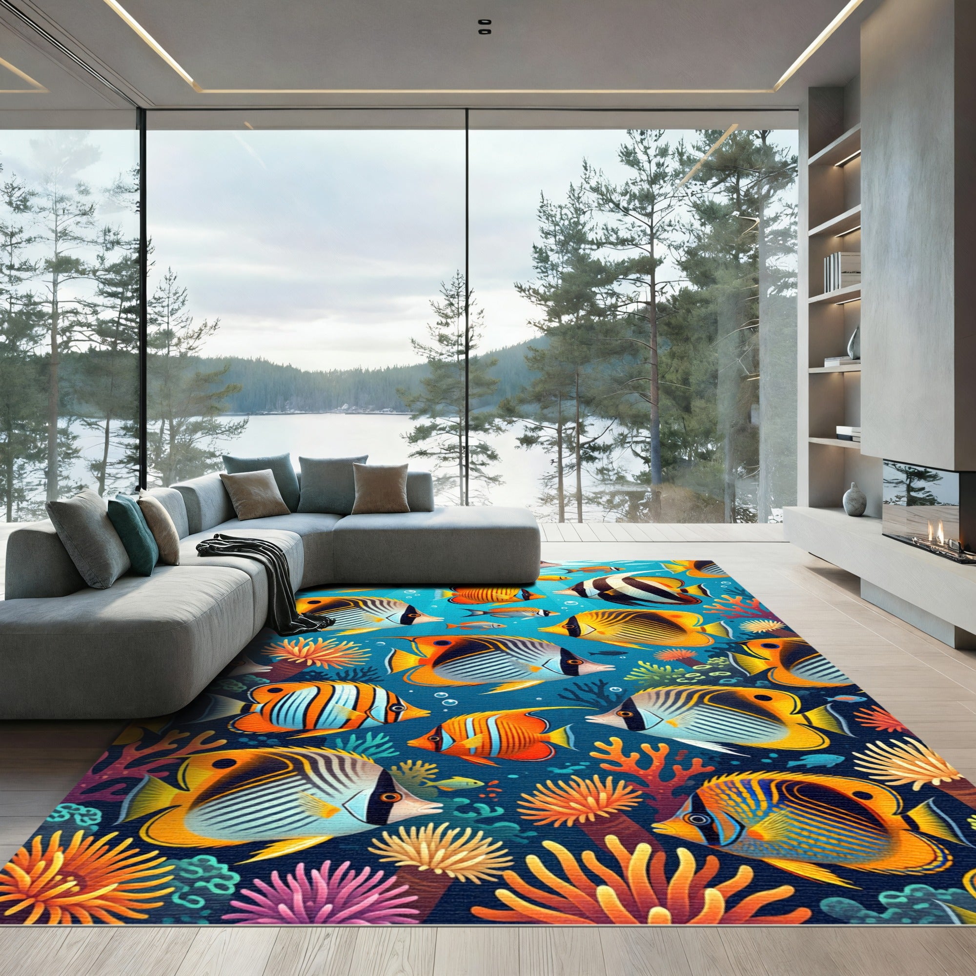 Vibrant Tropical Coral Reef Fish Scene Rug