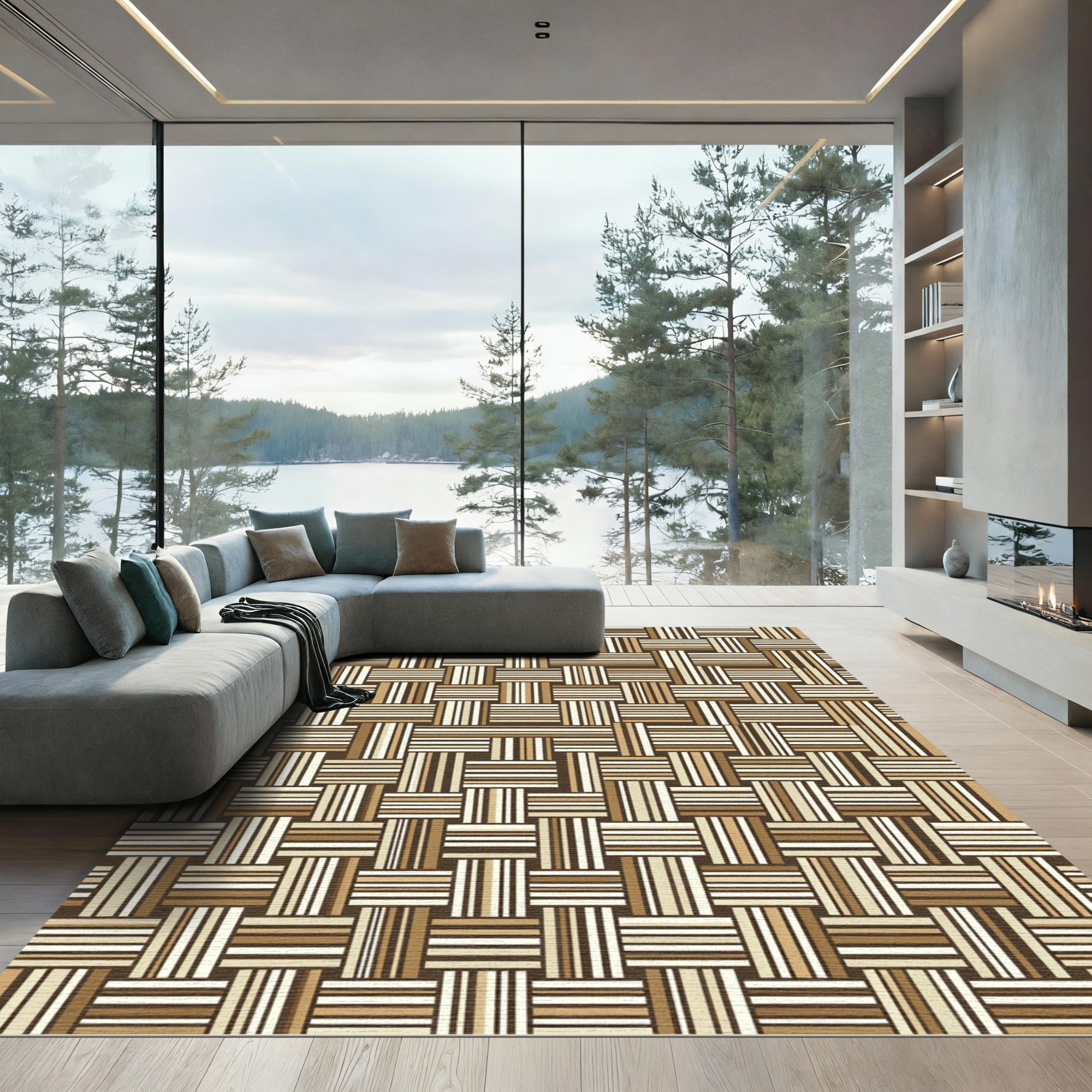 Modern Earthy Toned Woven Grid Rug