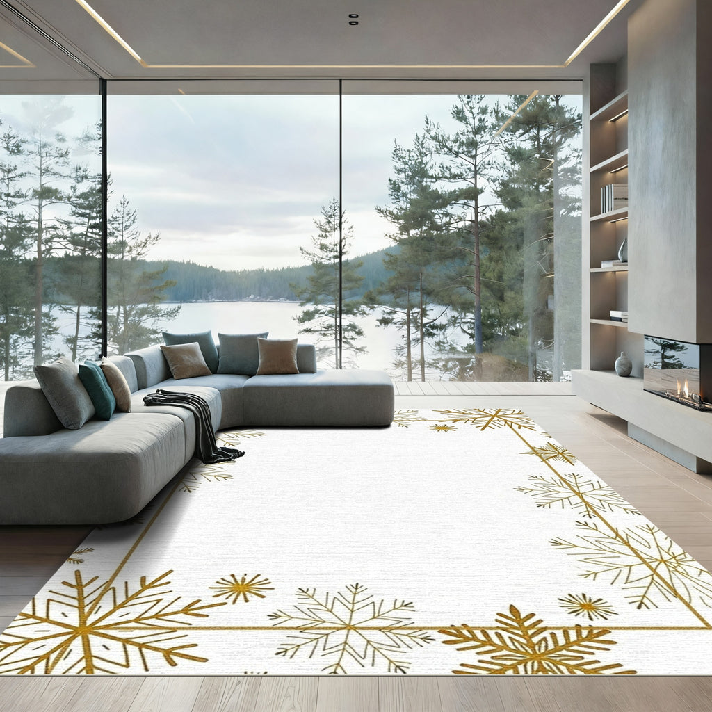 Golden Snowflake Winter Border Rug